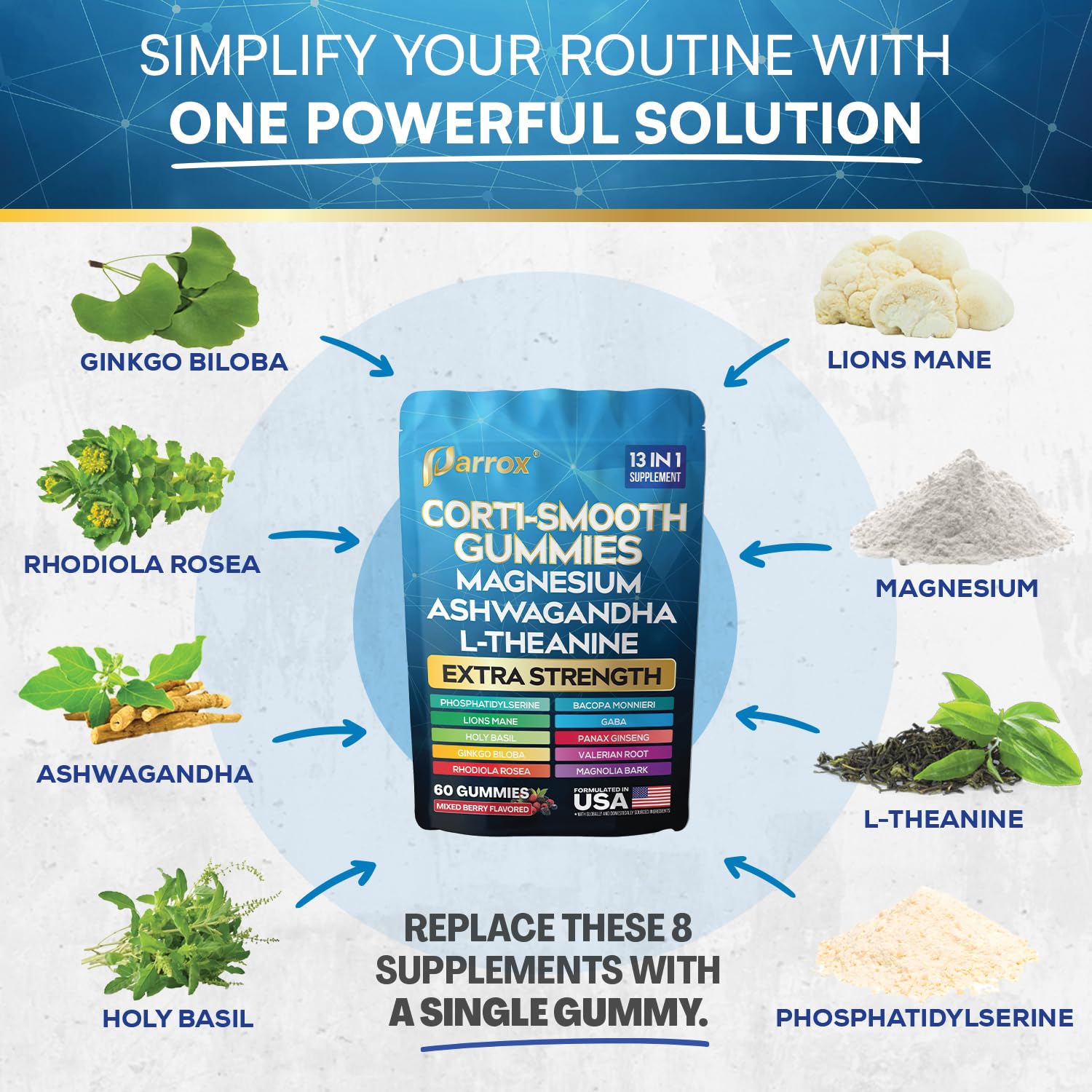 Parrox Corti-Smooth Cortisol Support Gummies with Magnesium, L-Theanine, Ashwagandha, Phosphatidylserine, Bacopa Monnieri, Lions Mane, Ginkgo Biloba, Valerian Root (60 Gummies - Mixed Berry Flavor) Parrox uk supplements