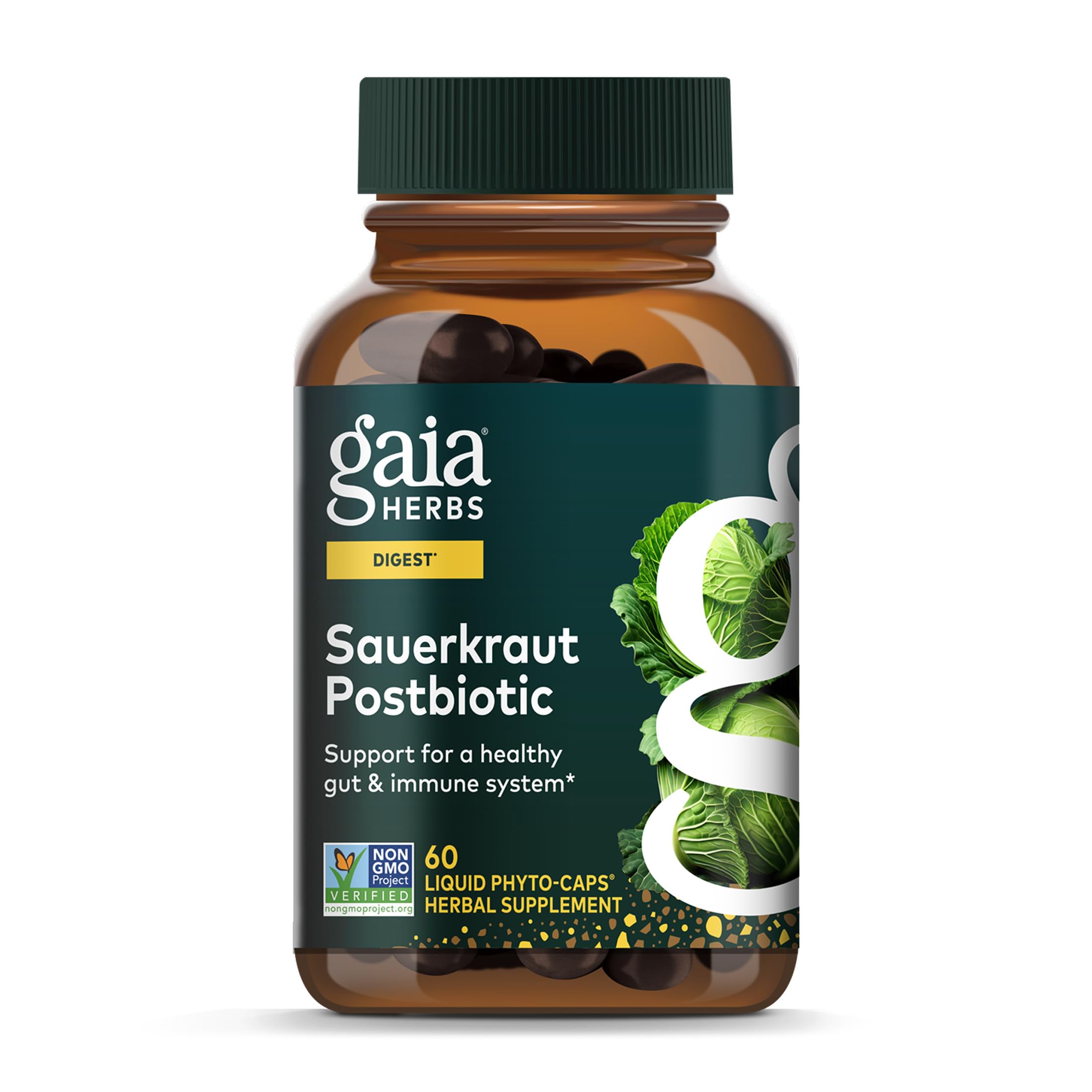 Gaia Herbs Sauerkraut Postbiotic - Gut Health & Immune Support Supplement* - Made with Fermented Sauerkraut - Free from Dairy, Soy & Gluten - 60 Vegan Liquid Phyto-Caps (30 Servings) Gaia Herbs uk supplements