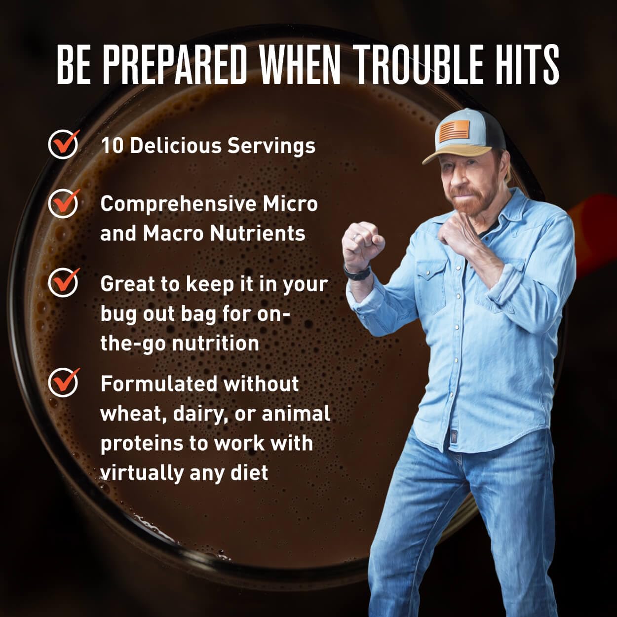 Basecamp Complete Nutrition Shake by Chuck Norris Roundhouse Provisions – Plant-Based Emergency Meal with 18g Protein & 28 Essential Nutrients – Rich Chocolate Flavor – 10 Servings, 3-Year Shelf Life ROUNDHOUSE PROVISION uk supplements