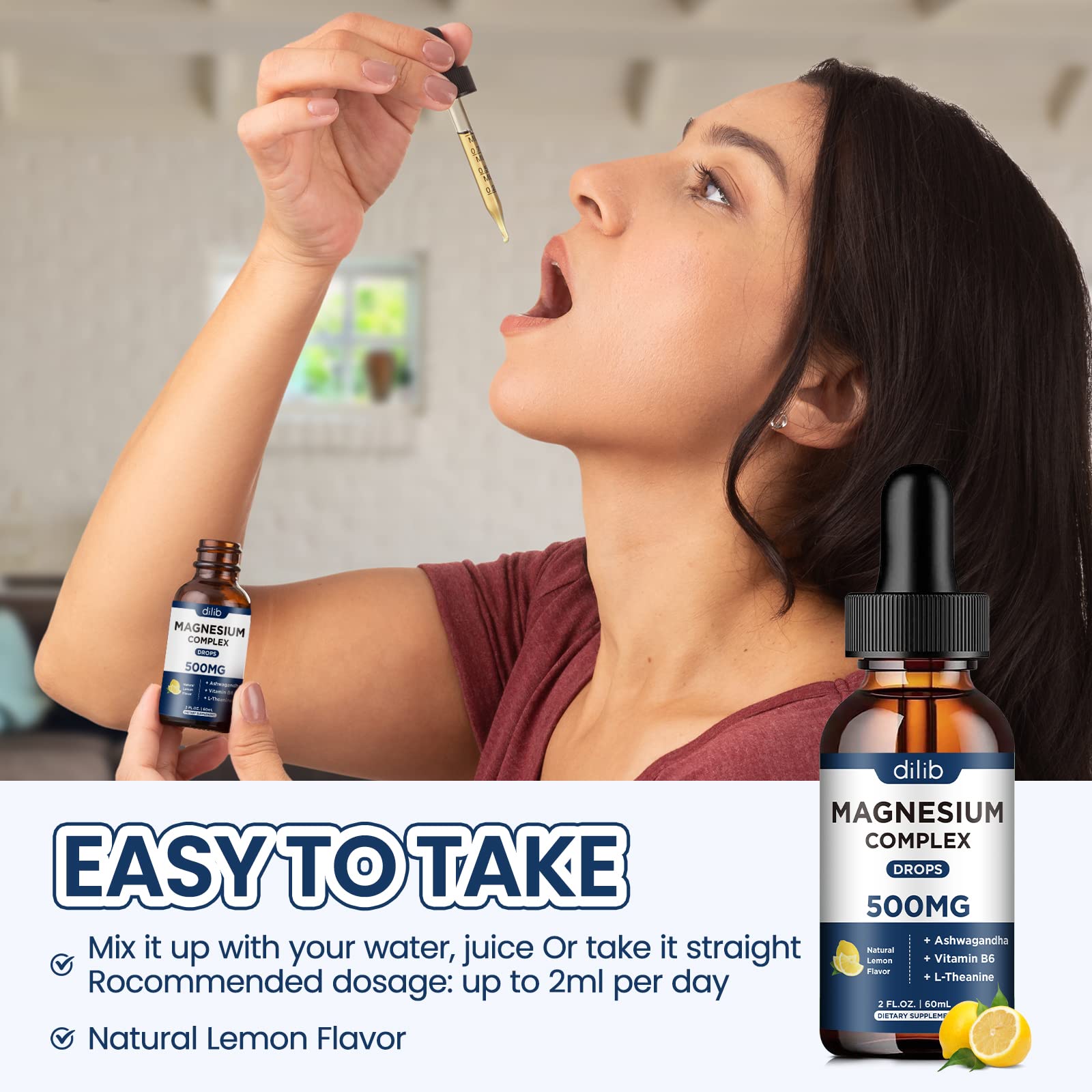 Magnesium Glycinate Liquid Drops, Triple Magnesium Complex Supplement with Citrate, Malate 500mg Ashwagandha, L-Theanine, Vitamin B6 for Sleep, Calm, Stress Relief, Bone, Muscle, Mood - Lemon Flavor dilib uk supplements