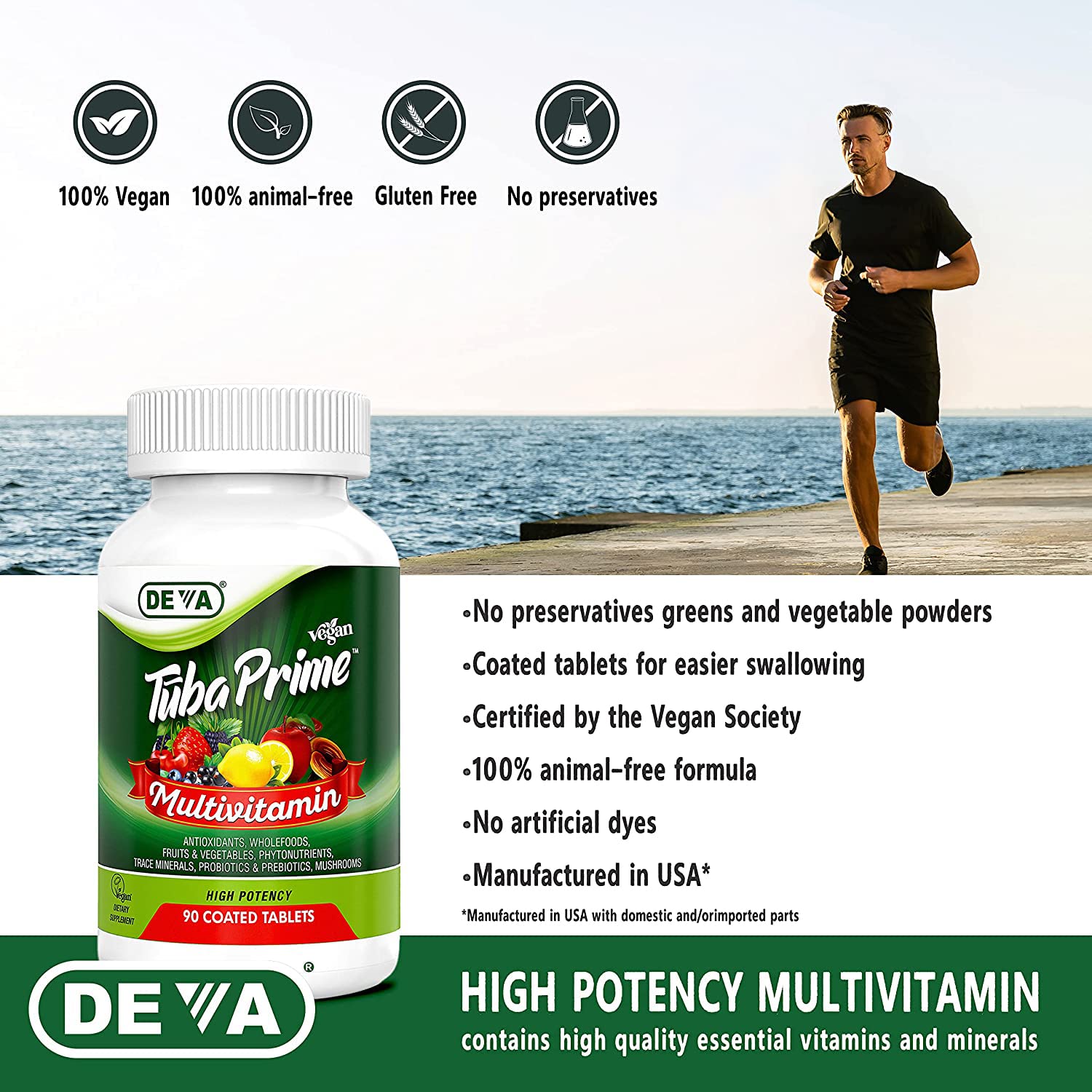 DEVA Tuba Prime Vegan Multivitamin Iron-Free High-Potency Vitamin & Mineral Dietary Supplement Antioxidants, Fruit & Veg Blend, Super Mushrooms, Probiotics, Prebiotics, Seeds, Herbs 90 Tabs 2-Pack DEVA uk supplements