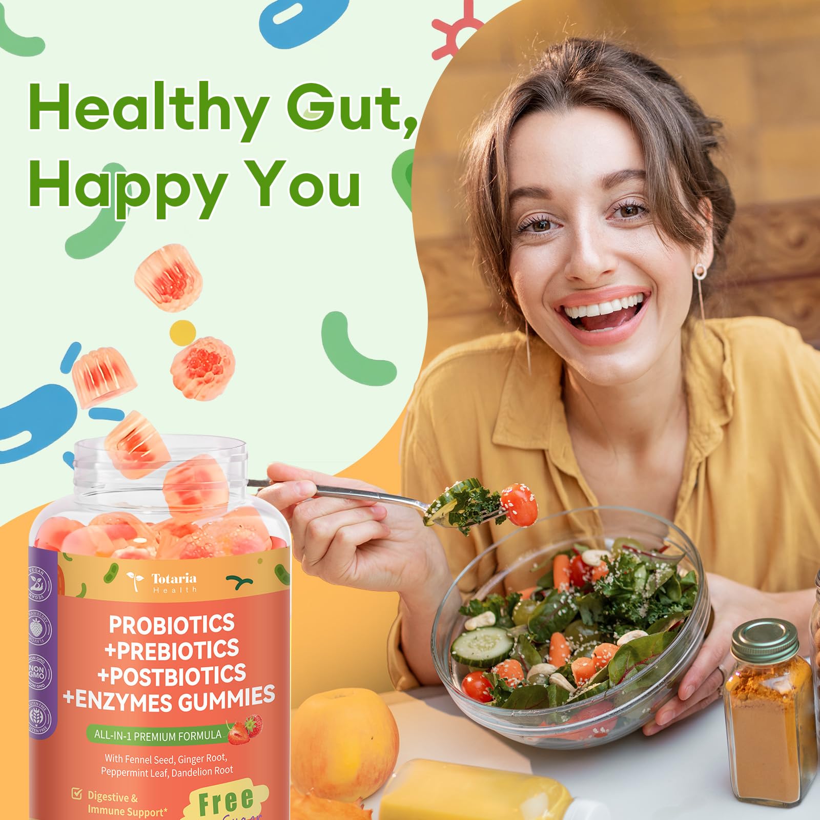 (2 Packs) Totaria Sugar Free 5-in-1 Probiotic Prebiotic Postbiotic Gummy, Probiotics for Women Men with Digestive Enzymes, Peppermint, Complete Immune, Gut & Digestive Support, Vegan Strawberry Flavor Totaria uk supplements