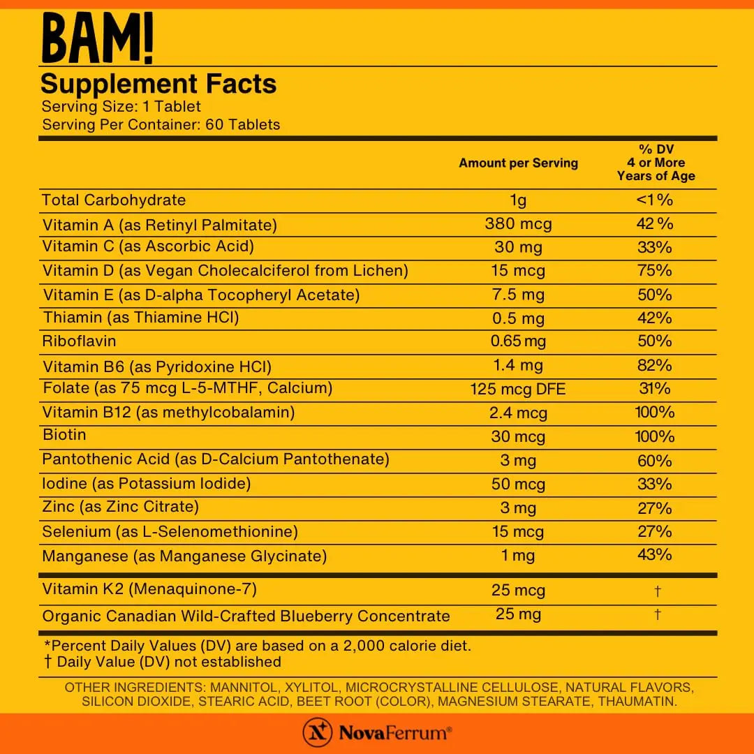 NovaFerrum BAM Chewable Multivitamin for Kids & Adults Ages 4 and Above – Fruit Blast Flavor – 60 Chewable Tablets NovaFerrum uk supplements