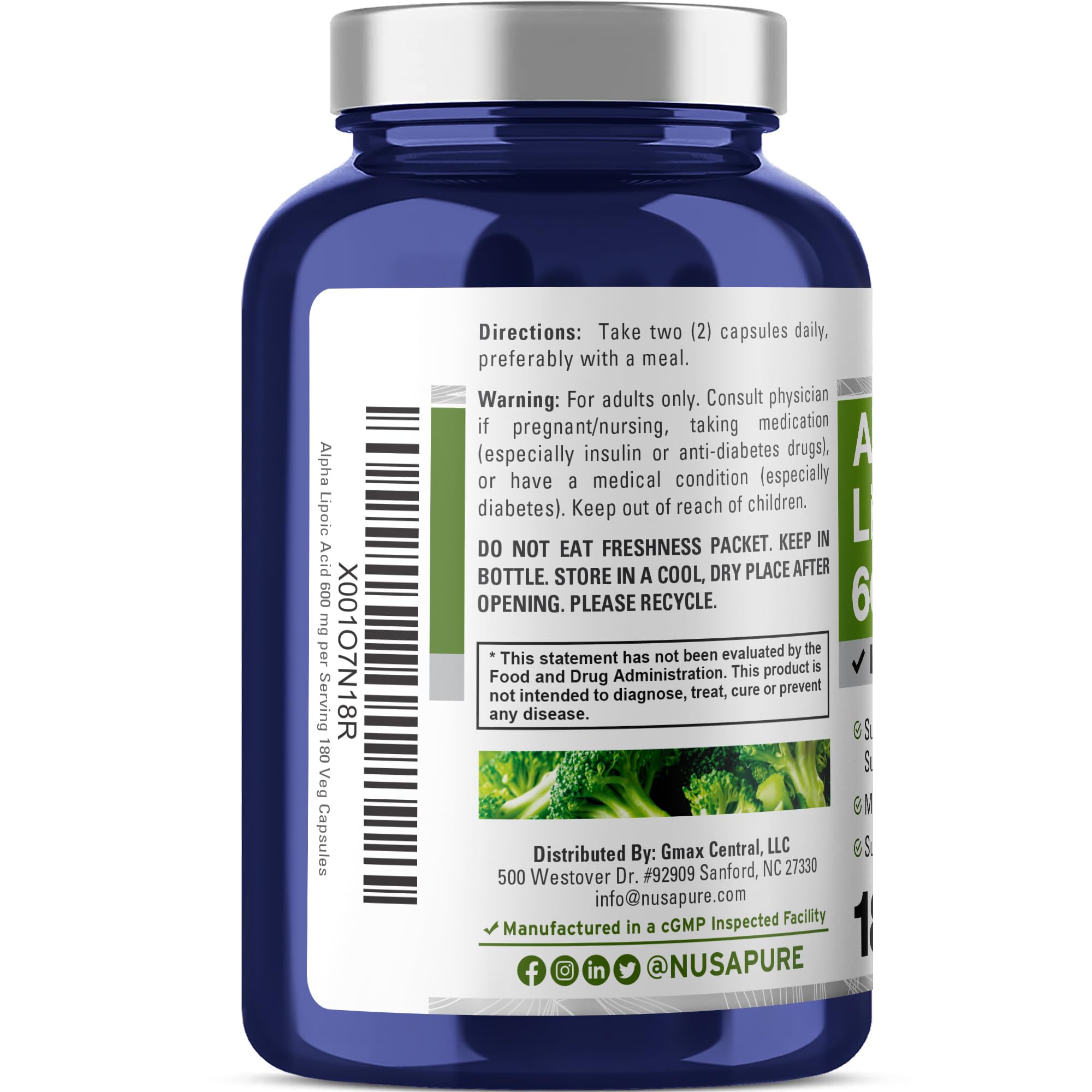NusaPure Alpha Lipoic Acid 600 mg per Serving 180 Veggie Capsules (Vegetarian, Non-GMO, Vegan) NusaPure uk supplements