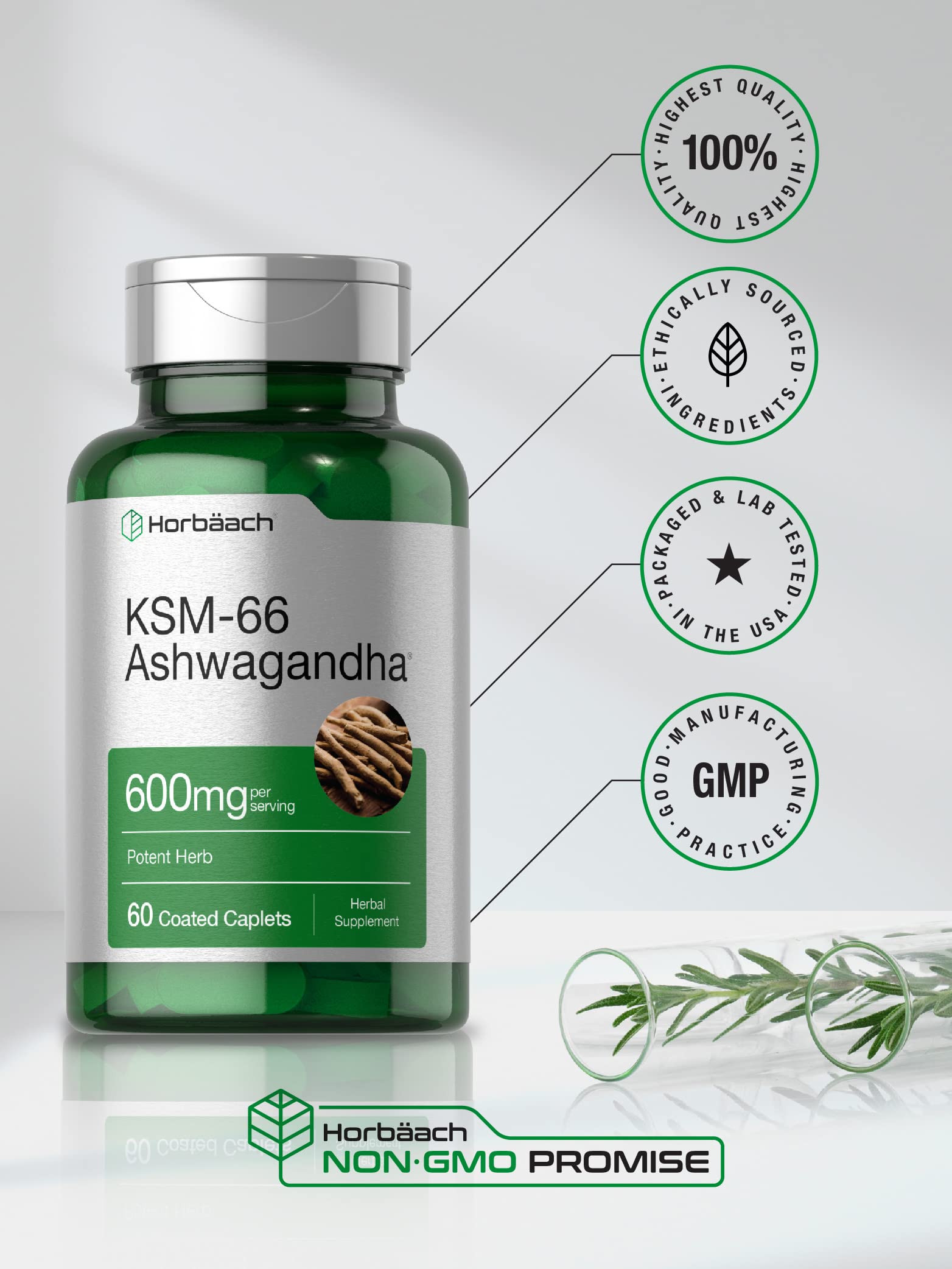 Horbäach KSM-66 Ashwagandha 600mg | with L-Theanine | 60 Coated Caplets | Vegan, Non-GMO, Gluten Free Complex Supplement Horbäach uk supplements