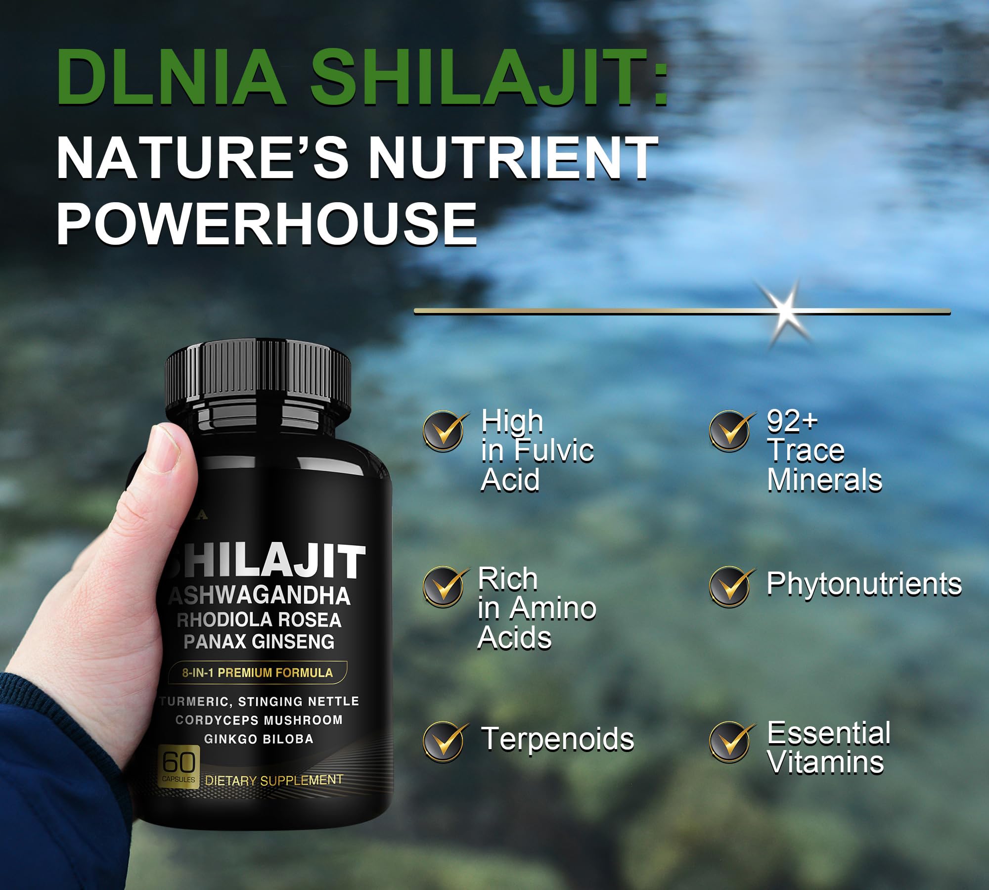 DLNIA 8-in-1 Shilajit for Men & Women with Ashwaganda Himalayan Organic Supplement with Rhodiola Rosea, Ginseng, Turmeric, Mushroom, for Immune Support, Energy, Calm, Focus, Clarity, Sleep, Cortisol DLNIA uk supplements