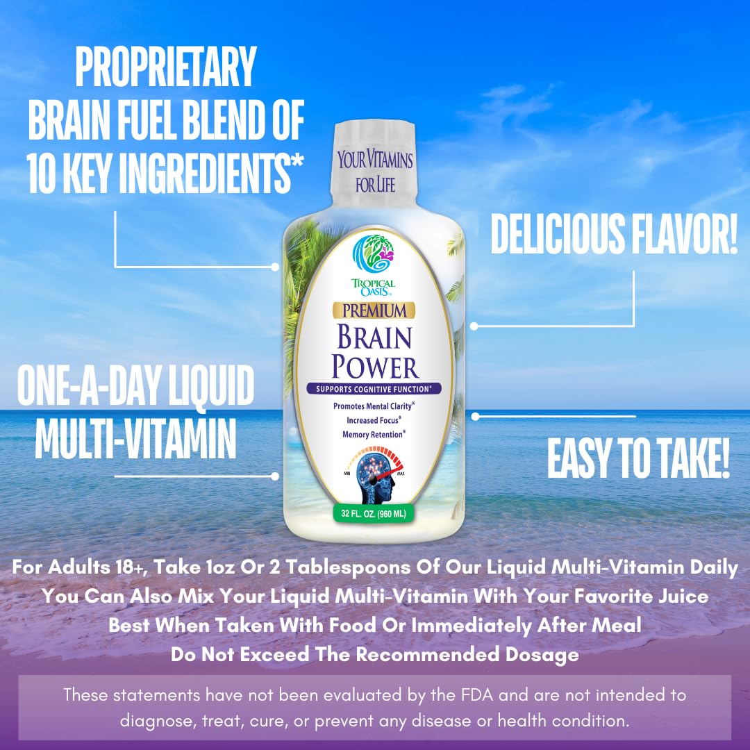 Tropical Oasis - Brain Power | Liquid Nootropic Supplement - Promotes Mental Clarity, Focus, and Memory Retention (Unflavored, 32 Servings) Tropical Oasis uk supplements