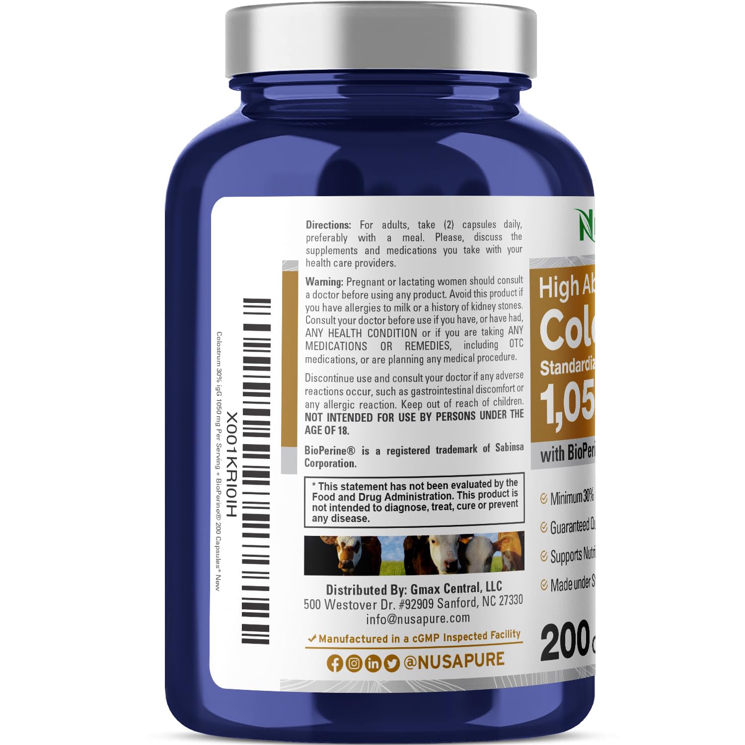NusaPure Colostrum 1050mg 30% IgG 200 capsules (Non-GMO, Soyfree) Bioperine NusaPure uk supplements