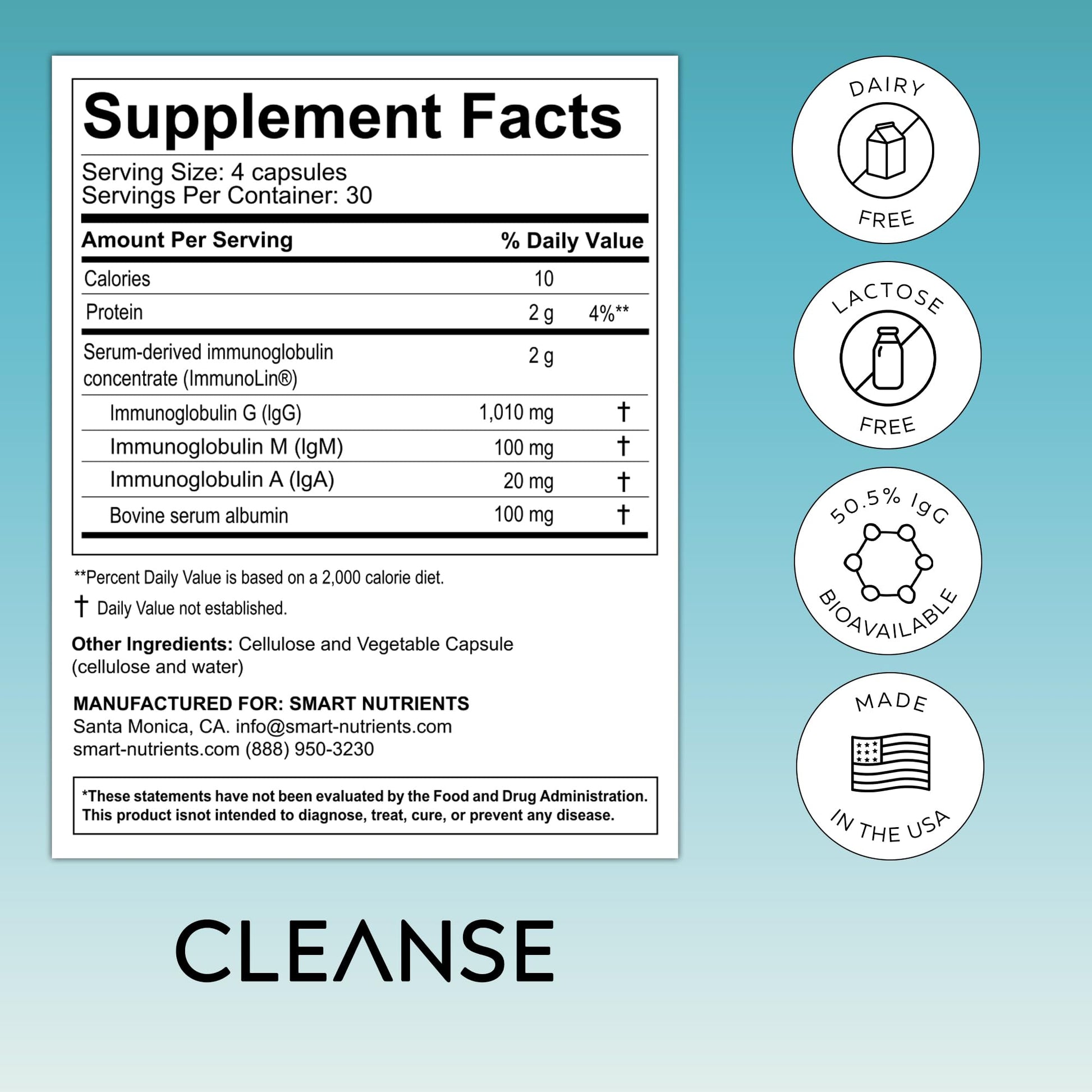 CLEANSE | IgG Dairy-Free Colostrum | 50.5% IgG Potent Concentrated Immune Support | Daily Gut Health Detox, Energy, Prebiotics, Digestive Support | 120 Capsules | 30 Day Supply, 1-Pack Smart Nutrients uk supplements