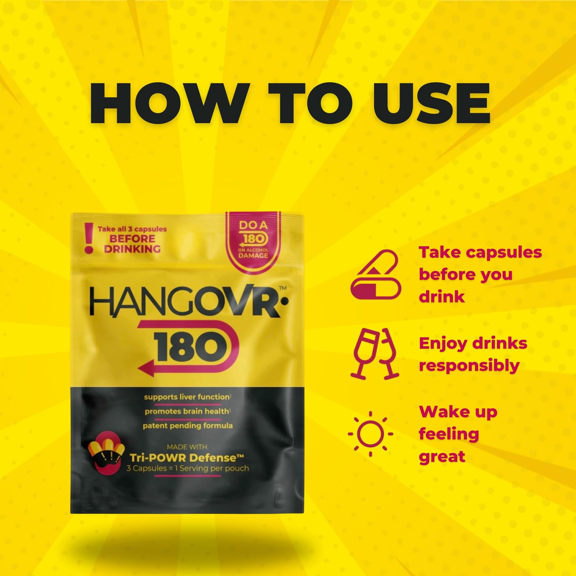 Hangovr 180 Tri-Power Before Drinking Defense 4 Pack - Support Liver & Brain Health, Feel Fresher & Better Energy - - Take Before Drinking for Relief, 3 Capsules per Pouch HANGOVR-180 uk supplements