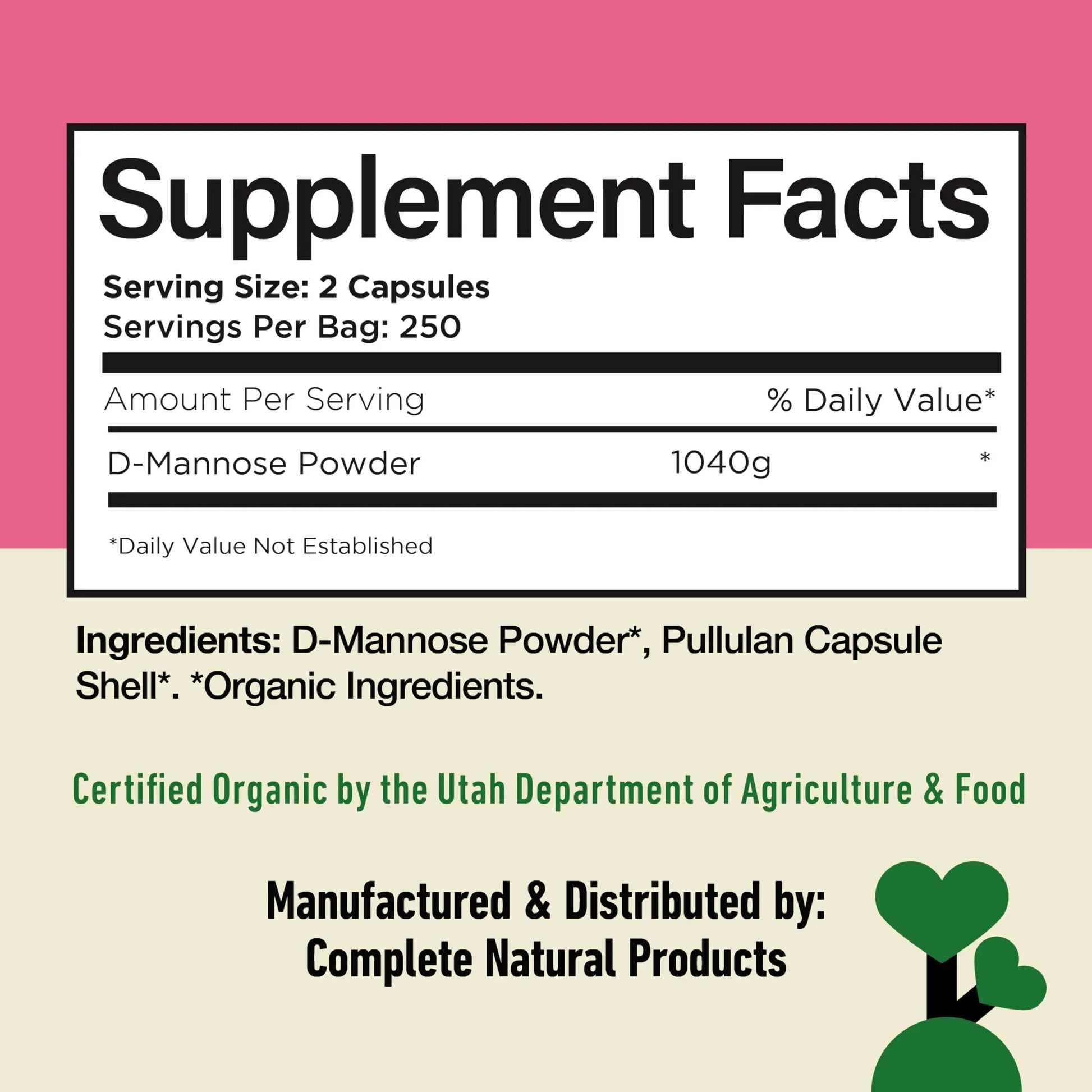 D Mannose 520mg Capsules - Organic D Mannose Supplement for UT Support, Urinary Tract Bladder Health Pills, Plant Based Formula, Vegan Non GMO, No Fillers, 500 Capsule Count Made USA Certified Kosher Complete Natural Products uk supplements
