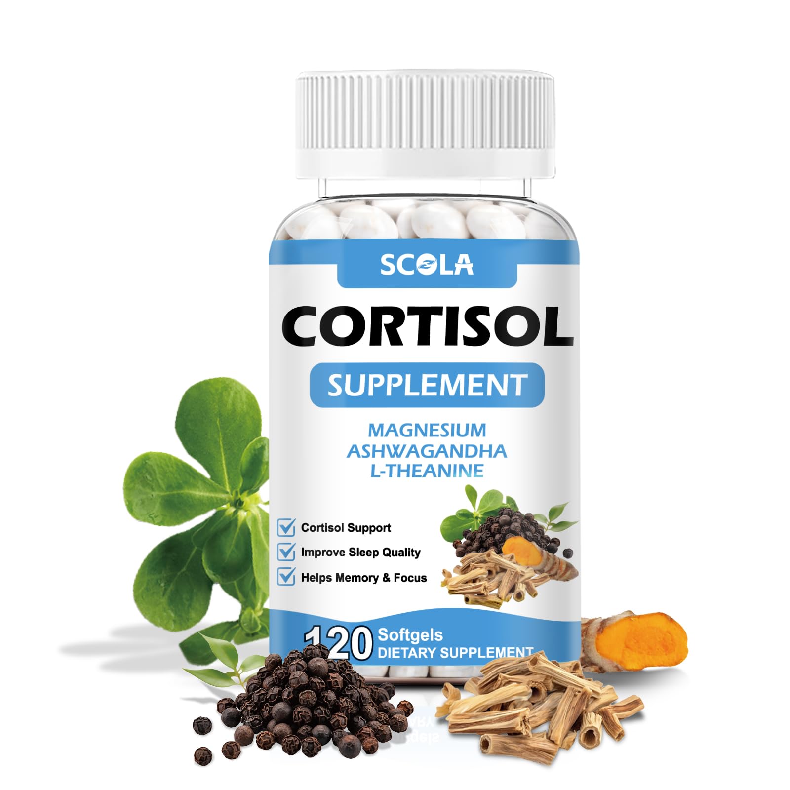 SCOLA Cortisol Supplement for Women and Men with Magnesium, Ashwagandha/L-Theanine, Cortisol Detox Manager, Cortisol Reducer Supports Relaxation & Calm, Mood, Sleep, 120 Count SCOLA uk supplements