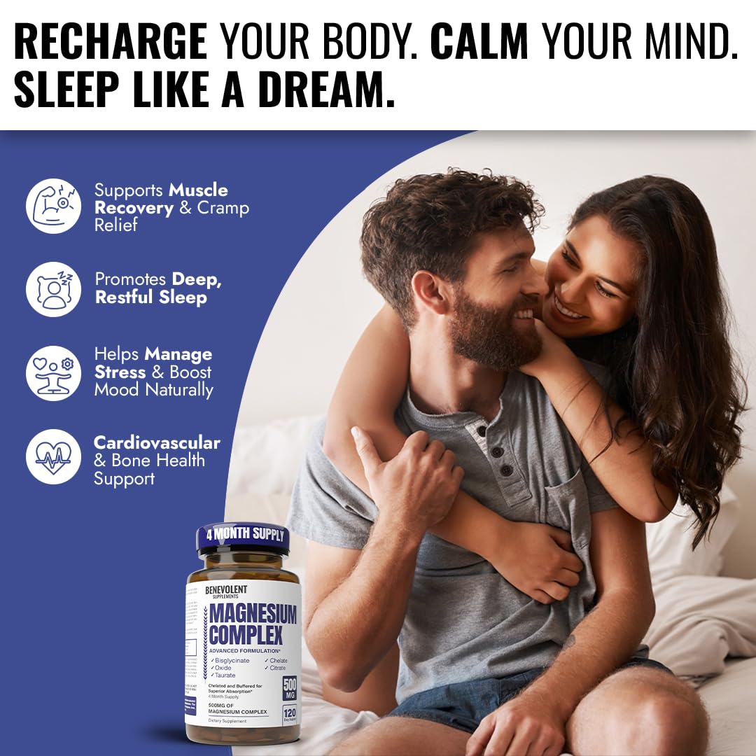 Magnesium Complex Supplement, 4 Month Supply of 500mg 5-in-1 Bisglycinate, Oxide, Taurate, Aspartate, Citrate, Max Absorption Magnesium Supplement for Calm, Sleep & Leg Cramps, 120 Capsule Benevolent Nourishment uk supplements