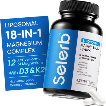 18 in 1 Magnesium Complex for Women and Men | Liposomal Magnesium Supplement with Glycinate, Citrate, Malate, Taurate, D3 & K2 | High Absorption for Muscle, Sleep, Bone, Nerve Support | 90 Capsules Selerb uk supplements