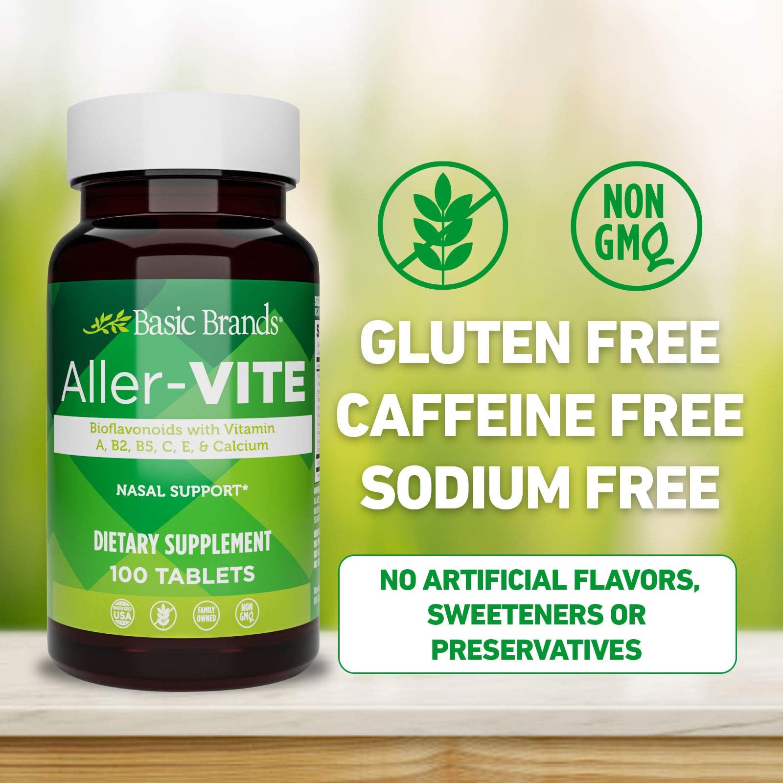 Basic Brands Aller Vite Nasal Support Tablets for Seasonal Allergy Relief, High Bioflavonoid Complex with Vitamins and Calcium, Gluten Free Daily Supplement, 100 Tablets Basic Brands uk supplements
