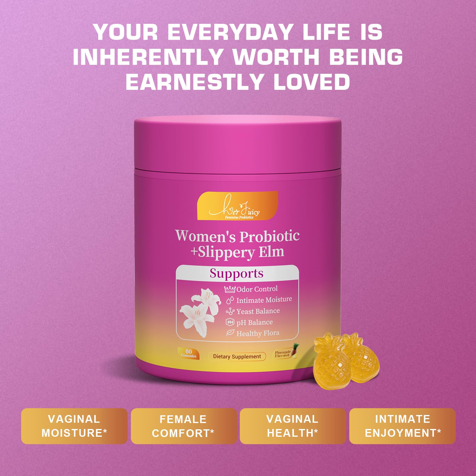 Brurtzexs Her Juicy Feminine Probiotics Gummies for Women with Slippery Elm - Pineapple Flavor, pH Balance & Immune Health Support - Digestive & Feminine Support - Vegan Supplement, 60 C Brurtzexs uk supplements
