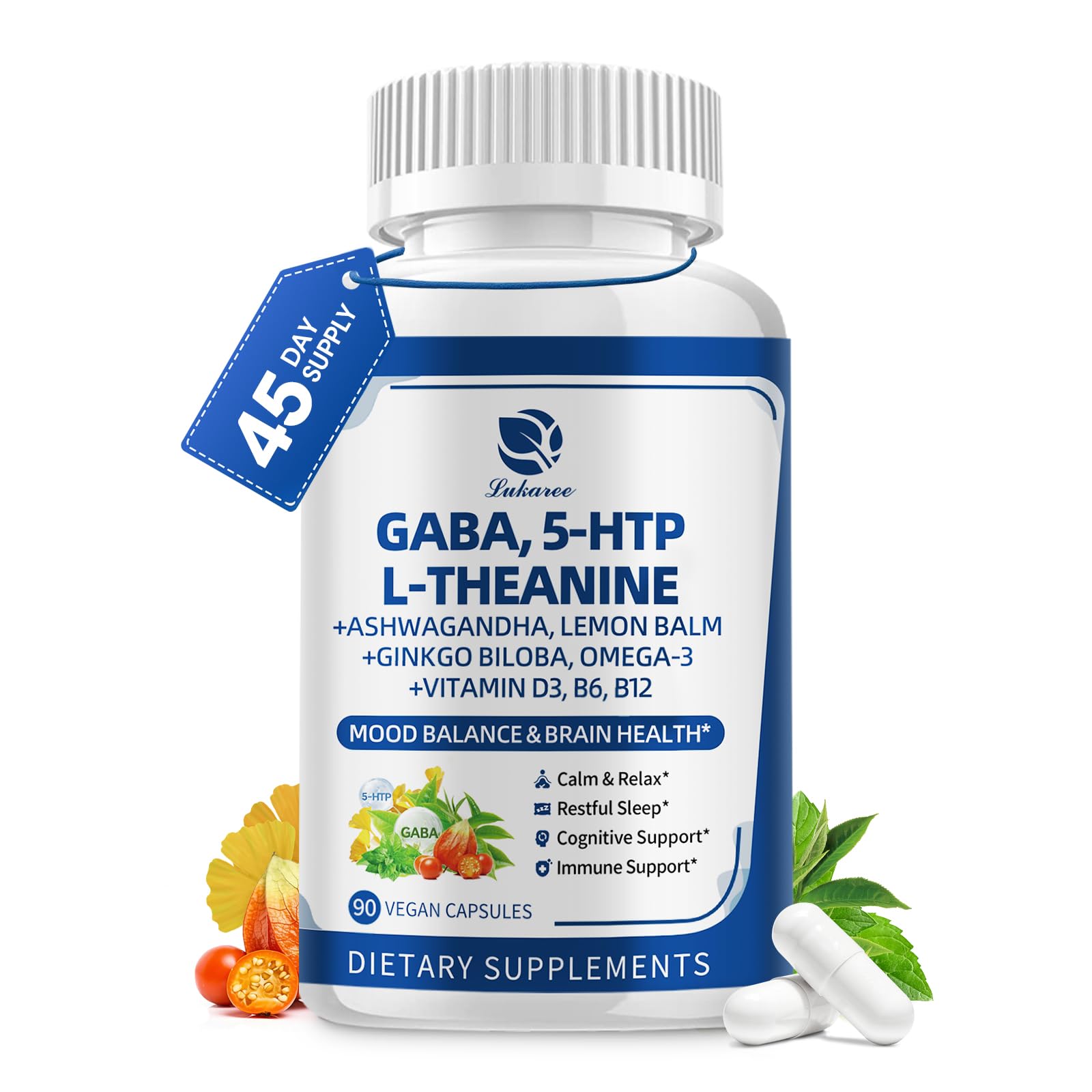 GABA Supplements 750mg with L Theanine, 5HTP, Ashwagandha, Lemon Balm, Ginkgo Biloba, Omega-3, 10 in 1 GABA Calm Capsules for Sleep, Relaxation, Focus, Mood Support, Cortisol Balance - 90CT Lukaree uk supplements
