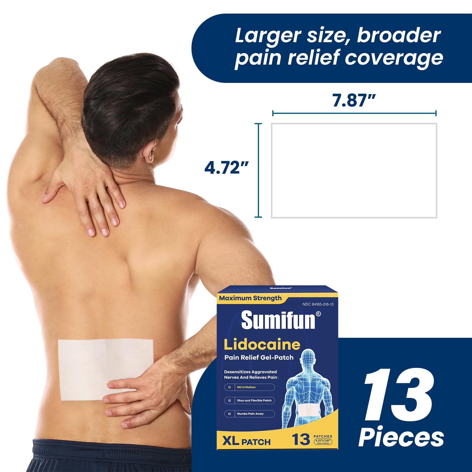 Sumifun XL Lidocaine Patches for Pain Relief, 4% Lidocaine Maximum Strength OTC, Extra Large 4.72"x7.87" for Full Back Pain Patches & Large Areas (Extra Large, Count, 13) Sumifun uk supplements