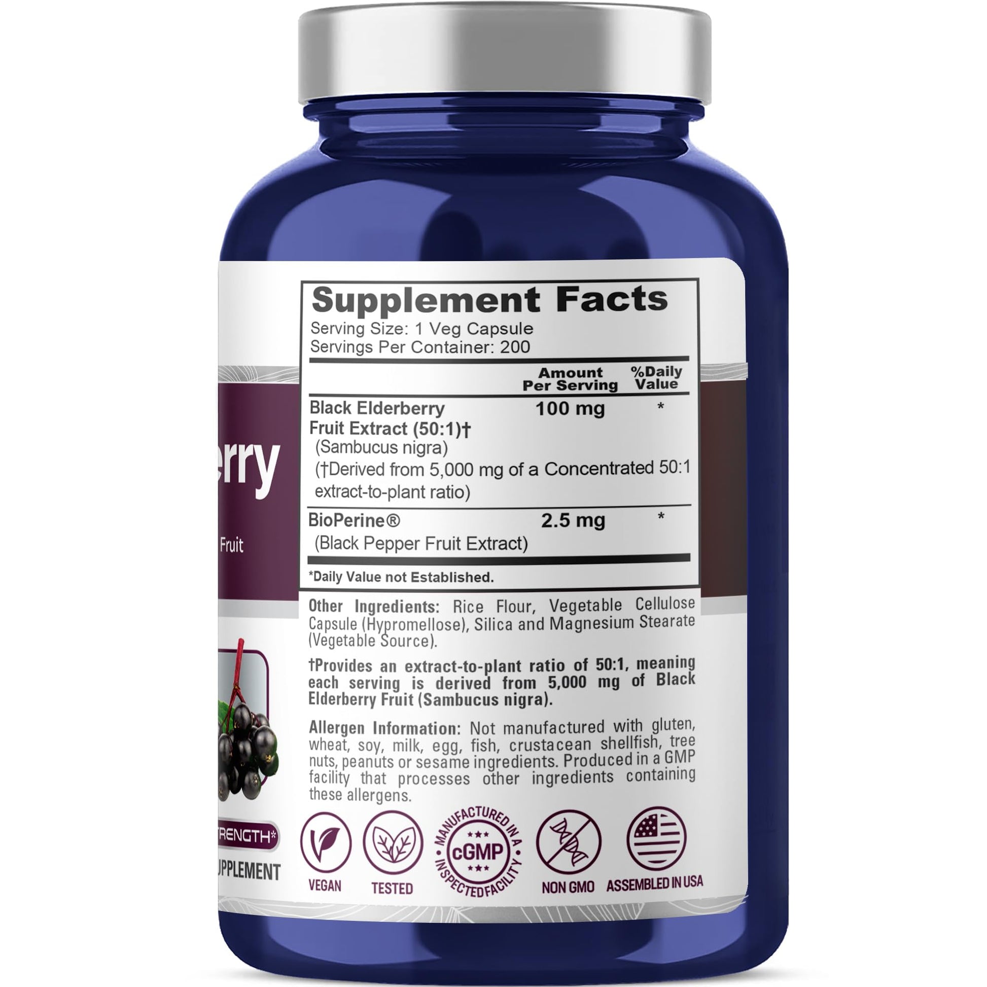NusaPure Black Elderberry 50:1 Extract, 100 mg Equivalent to 5,000mg per Veggie Capsules, 200 Count (Vegan, Non-GMO, Bioperine) Dietary Supplement NusaPure uk supplements