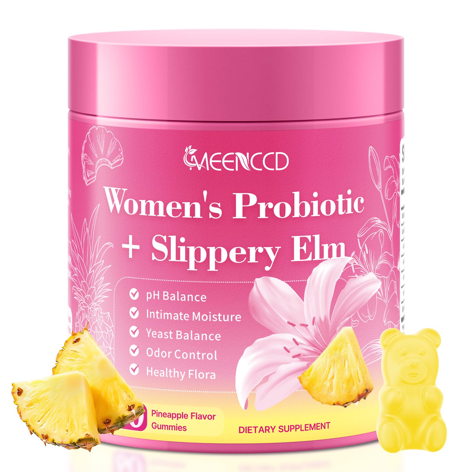 MEENCCD Her Juicy Feminine Probiotics Gummies with Slippery Elm & Lactobacillus Blend, Supports pH Balance & Immune Function, Promotes Vaginal Wellness, Pineapple Flavor, 60 Count MEENCCD uk supplements