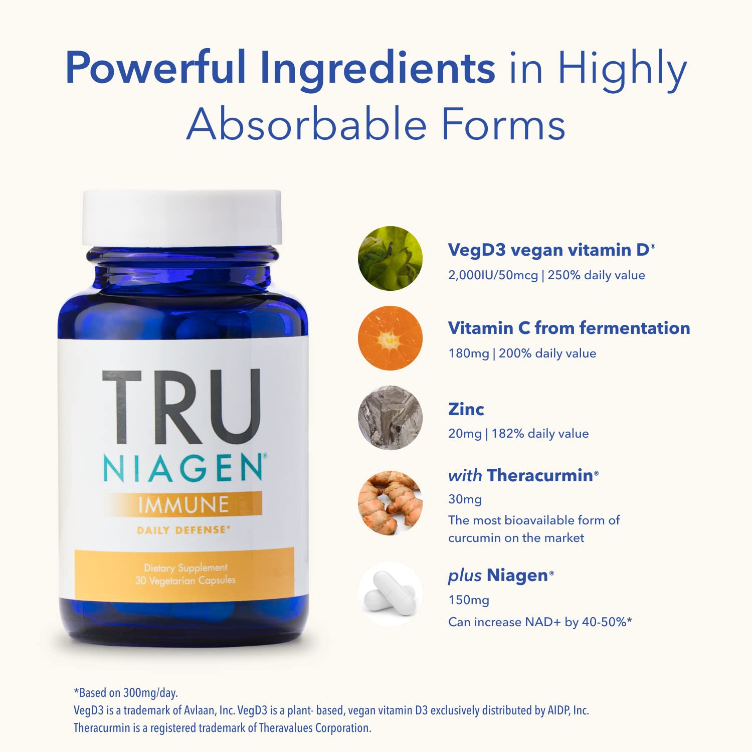 TRU NIAGEN Immune Support Supplement - Daily Defense - Vitamin C from Fermentation, Vegan Vitamin D3 2000 IU, Zinc, Plus Theracurmin (Curcumin) + Multi Award-Winning NAD Boosting Niagen 150mg 30ct TRU NIAGEN uk supplements