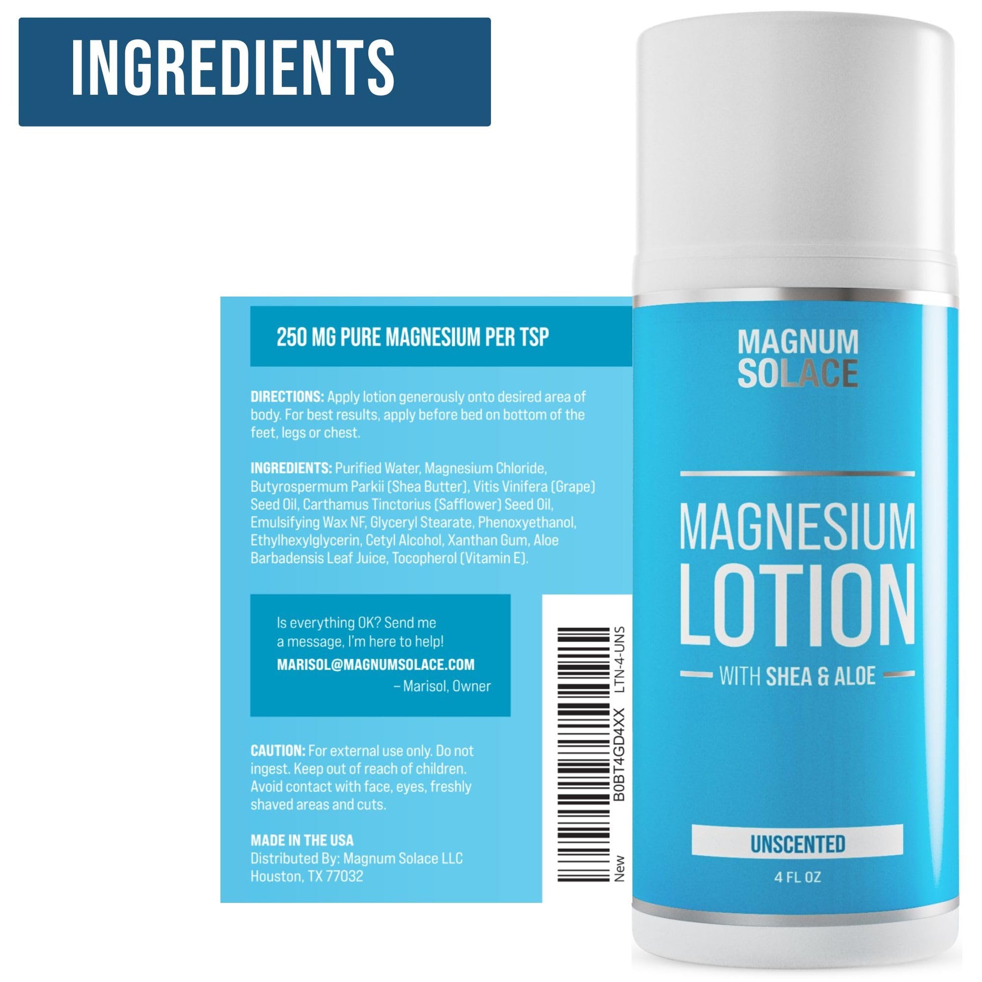 Magnesium Lotion – Super Concentrated – Made with Aloe and Shea – For Leg Cramps, Sore Muscles & Joints, Rejuvenation – Safe for Kids, Made in the USA (Unscented) Magnum Solace uk supplements