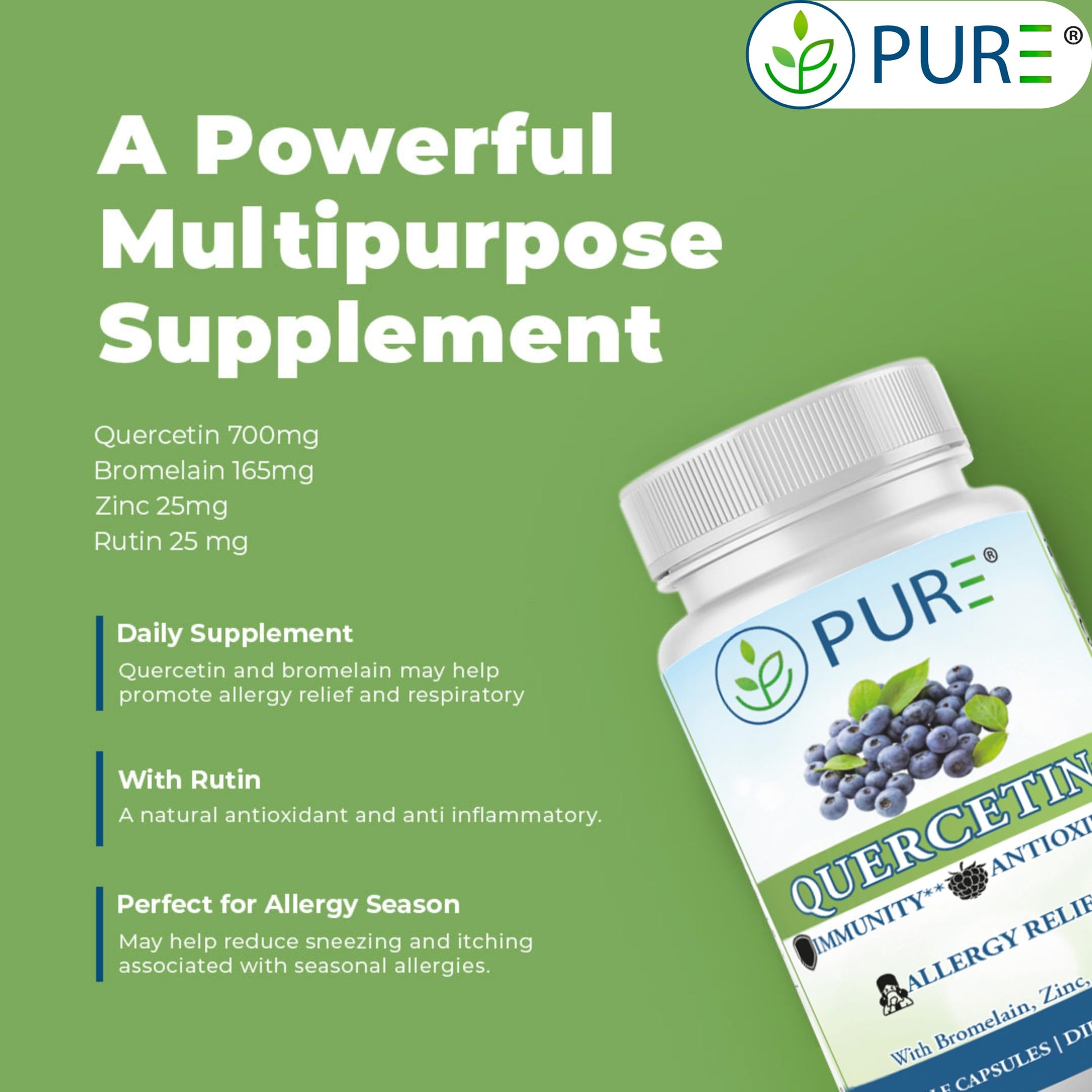 PURE® Quercetin+ with Zinc, Bromelain, Rutin Immune Shield - 60 Capsules - High Bioavailability Antioxidant Complex for Respiratory Health & Viral Defense - Made in USA PURE uk supplements