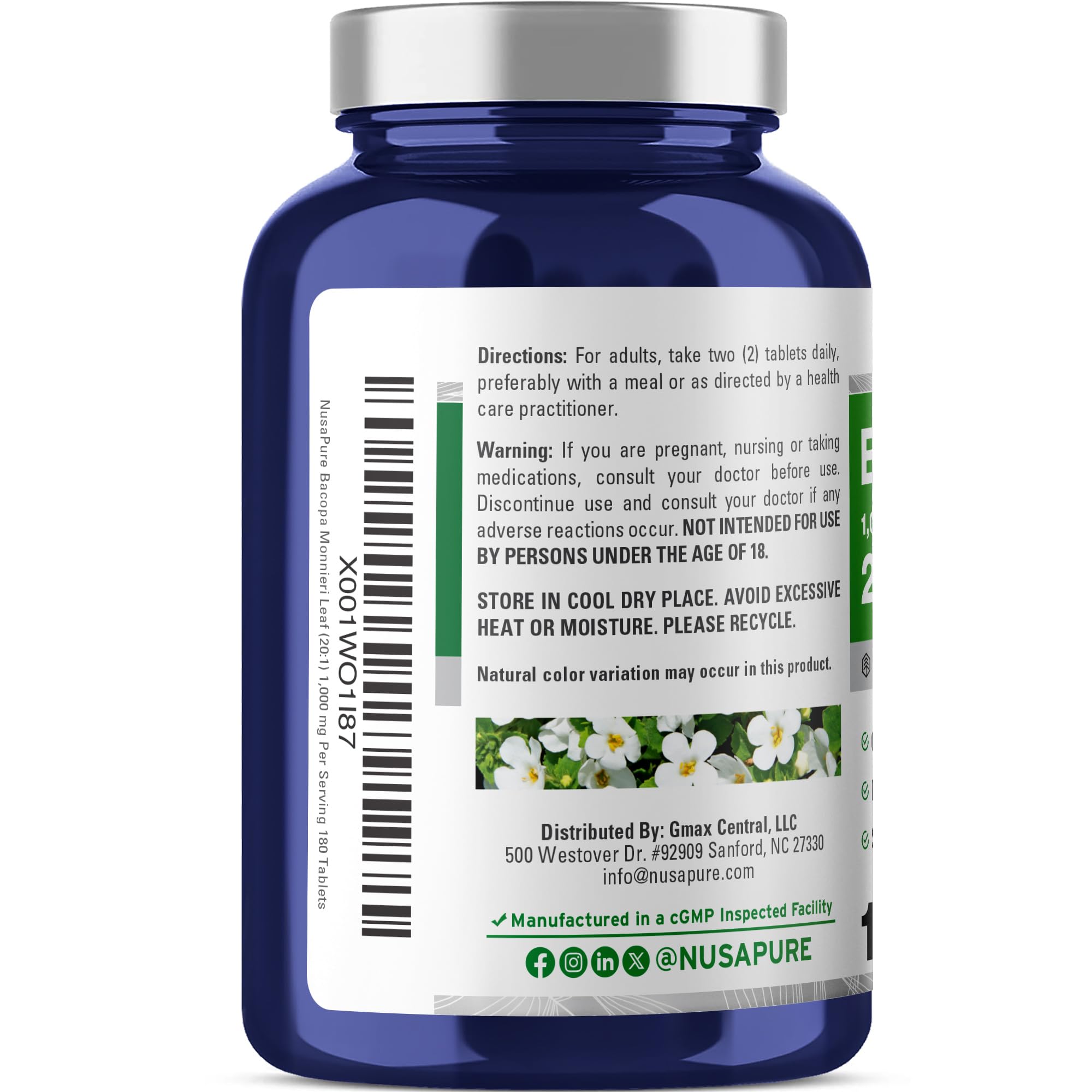NusaPure Bacopa Leaf Monnieri Extract 20,000 mg 180 Tablets (Extract 20:1, Non-GMO, Gluten Free & Vegan) NusaPure uk supplements