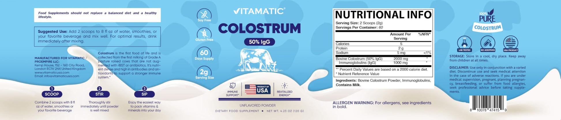 Vitamatic Bovine Colostrum Powder - 50% Highest IgG -120 Gram - Supplement for Gut Health, Hair Growth, Beauty, Muscle Recovery, & Immune Support - Easy to Mix - Unflavored - 60 Servings Vitamatic uk supplements