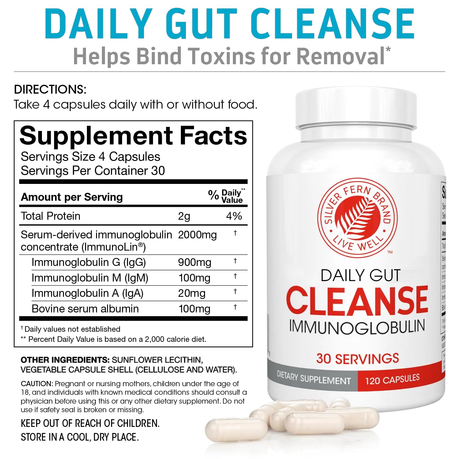 Silver Fern Cleanse - Daily Gut - 1 Bottle - 120 Capsules - 30 Day Supply - Immunoglobulin G, A & M -(IgG, IGA, IgM) - Postbiotic Silver Fern uk supplements
