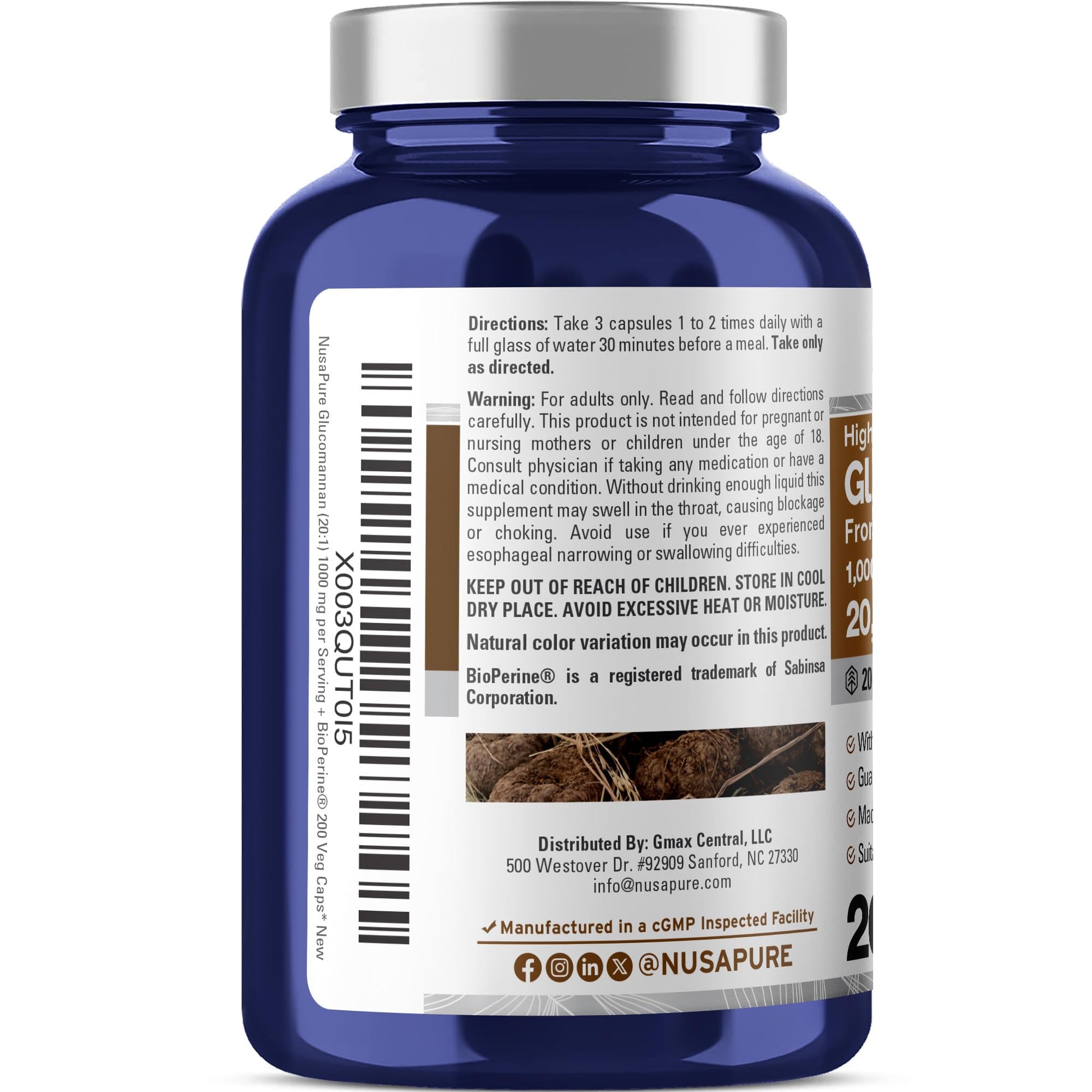 NusaPure Glucomannan 20,000 mg per Serving 200 VCaps (20:1 Extract, BioPerine Non-GMO, Vegan) Konjac Root NusaPure uk supplements