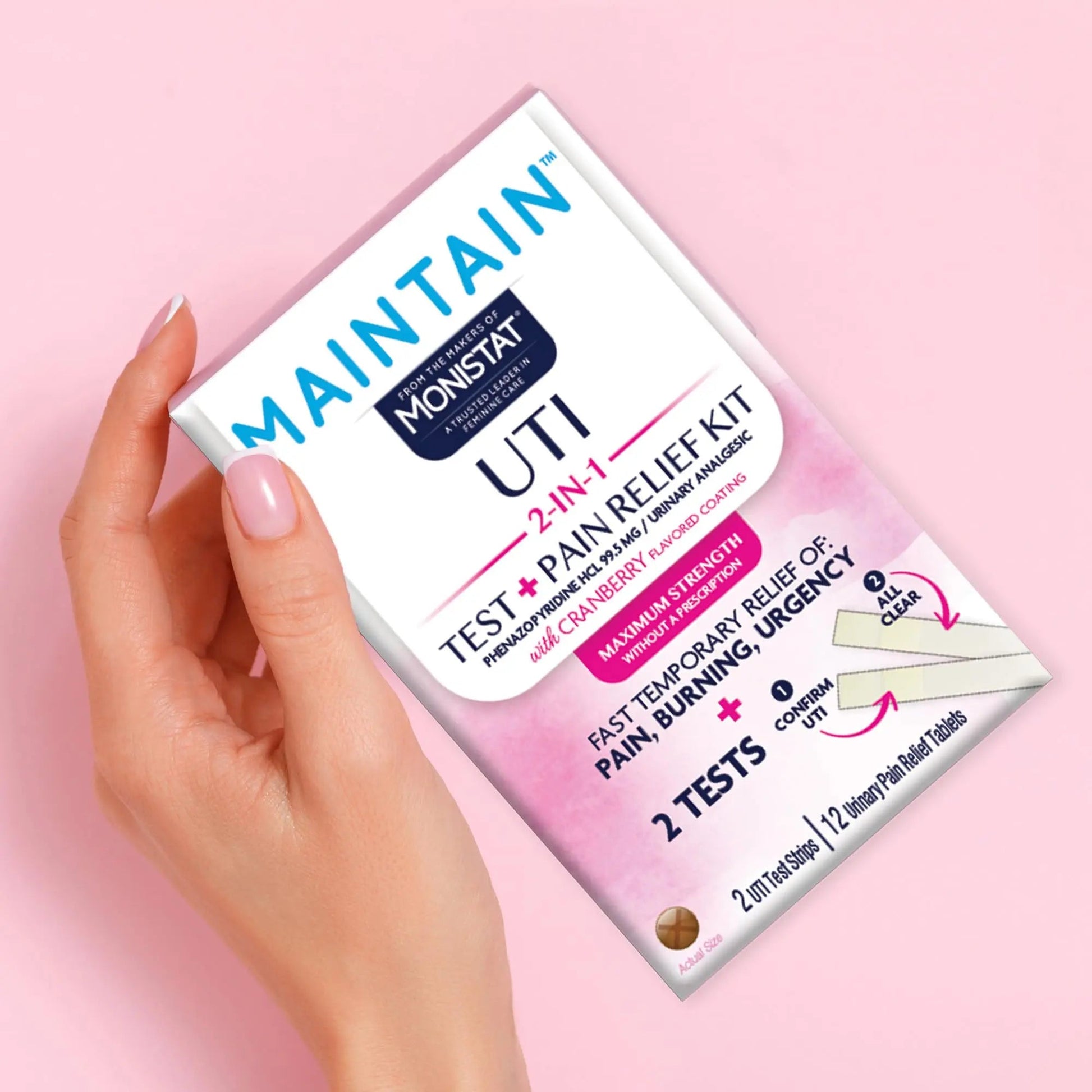 Monistat Maintain UTI 2-in-1 Test & Pain Relief Kit, 2 Test Strips & 12 Urinary Pain Relief Tablets, 2 Minute Results and Maximum Strength Pain, Burning and Urgency Relief Monistat uk supplements