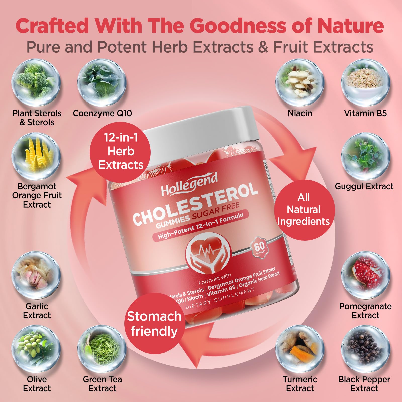 HOLLEGEND Cholesterol Supplements Gummies Sugar Free, 1500mg Plant Sterols for Cholesterol Health, Plus Citrus Bergamot, CoQ10 & Vitamins for Heart Health, Vegan, Mixed Berry Flavor, 60 Chewables HOLLEGEND uk supplements