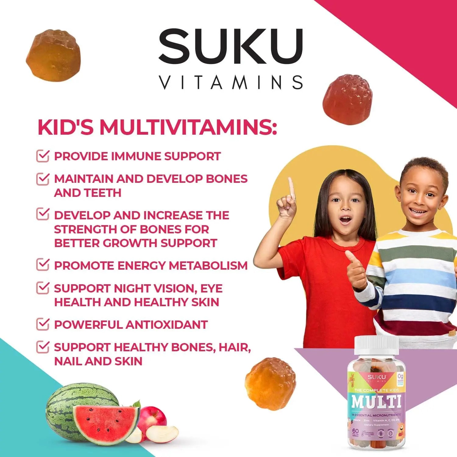 SUKU The Complete Kids Multivitamin Gummies – Vitamins A, C, D, E, B6, B12, Folate & Zinc – Immune Support SUKU uk supplements