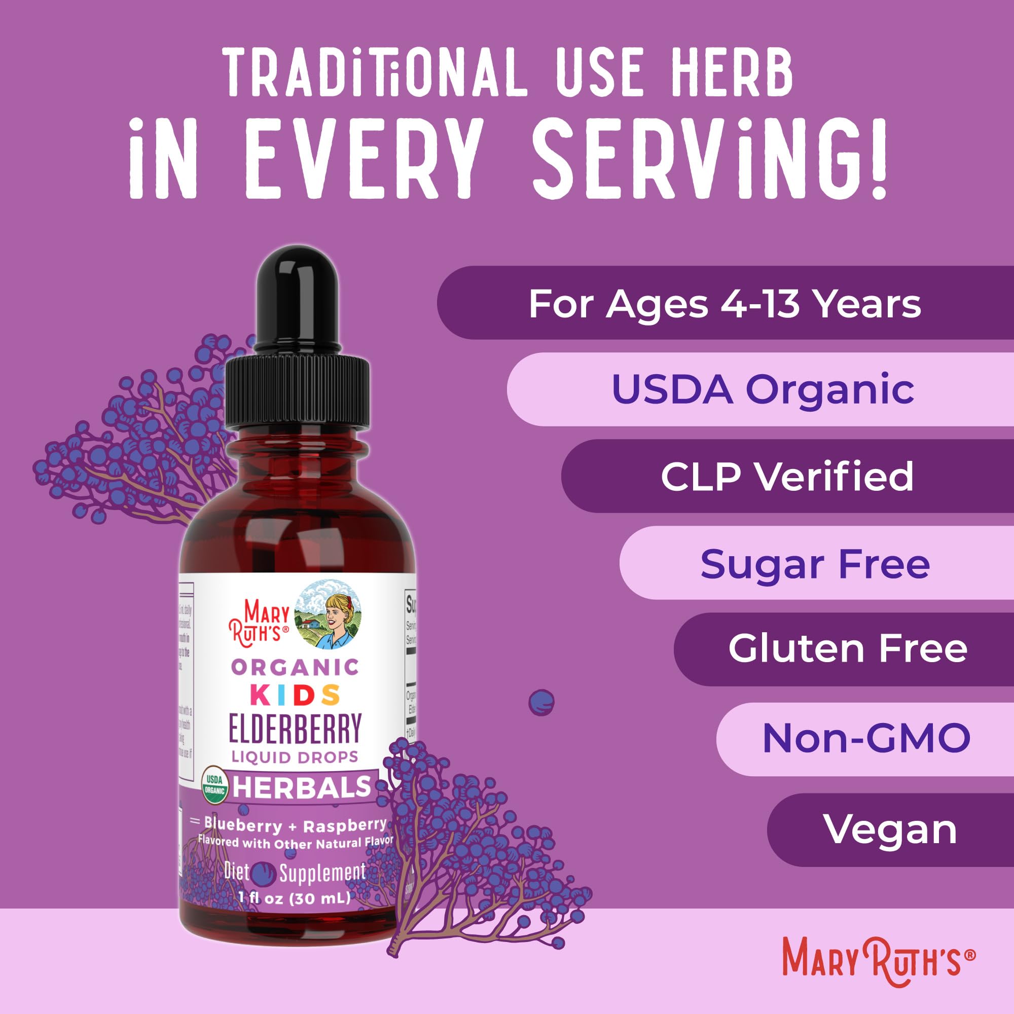 MaryRuth Organics USDA Organic Elderberry Liquid Drops for Kids | Vegan Elderberry Extract Organic Glycerin | Immune Support Supplement | Overall Health | Formulated for Ages 4-13 | 1oz MARYRUTH'S uk supplements