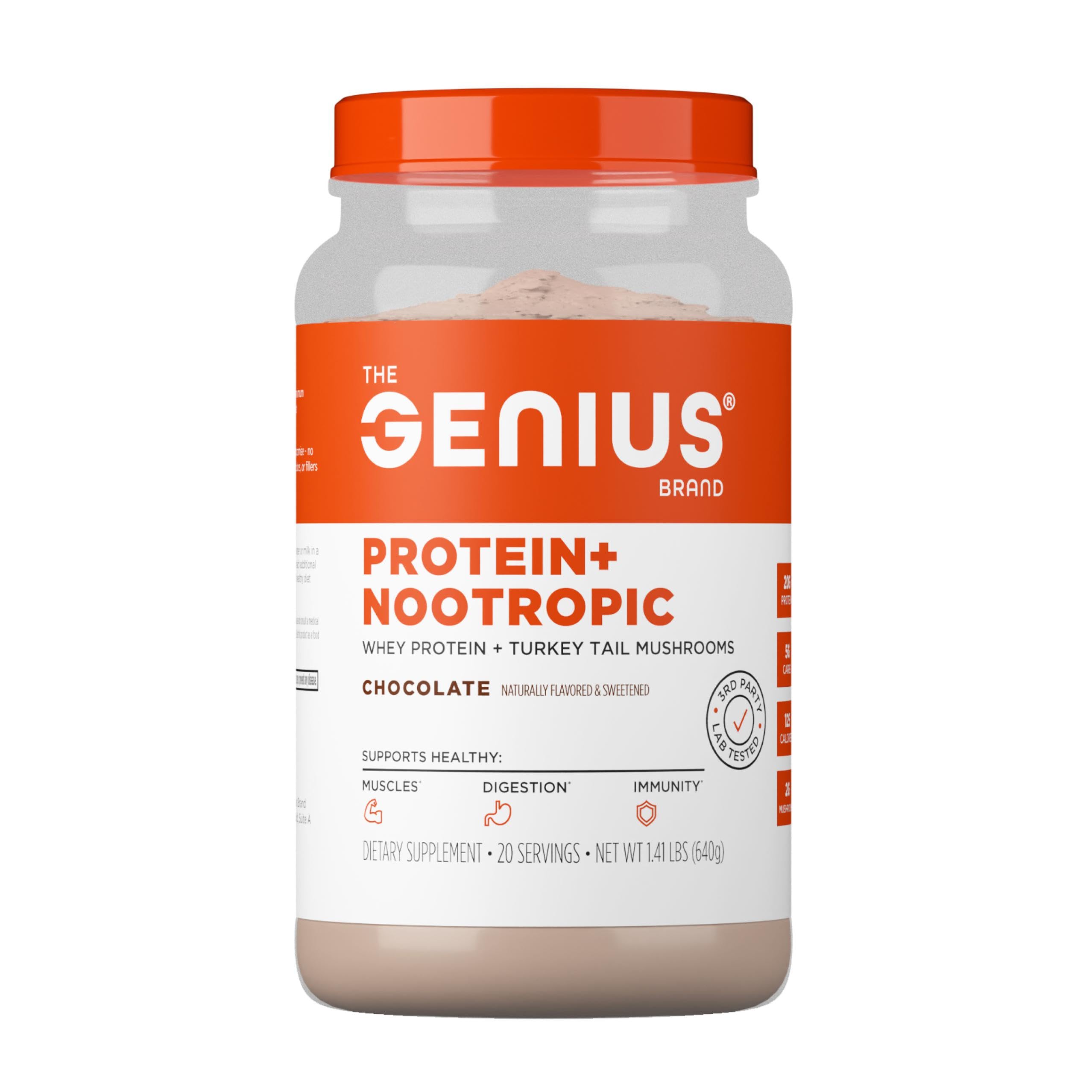 The Genius Brand Protein Powder - Chocolate + Adaptogenic Mushroom Blend - Plant-Based Protein with Reishi, Cordyceps & Lion’s Mane - Daily Muscle Recovery & Immune Support - 20 Servings The Genius Brand uk supplements