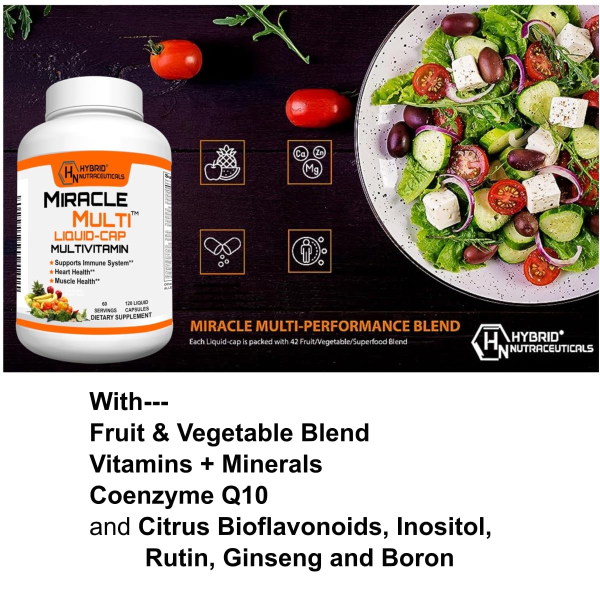 MiracleMulti Liquid Multivitamin Capsules for Men & Women - Complete Whole Food Blend Daily Vitamin & Mineral Supplement with CoQ10, B12, 42 Superfood Enzyme - 120 Softgels Hybrid Nutraceuticals uk supplements