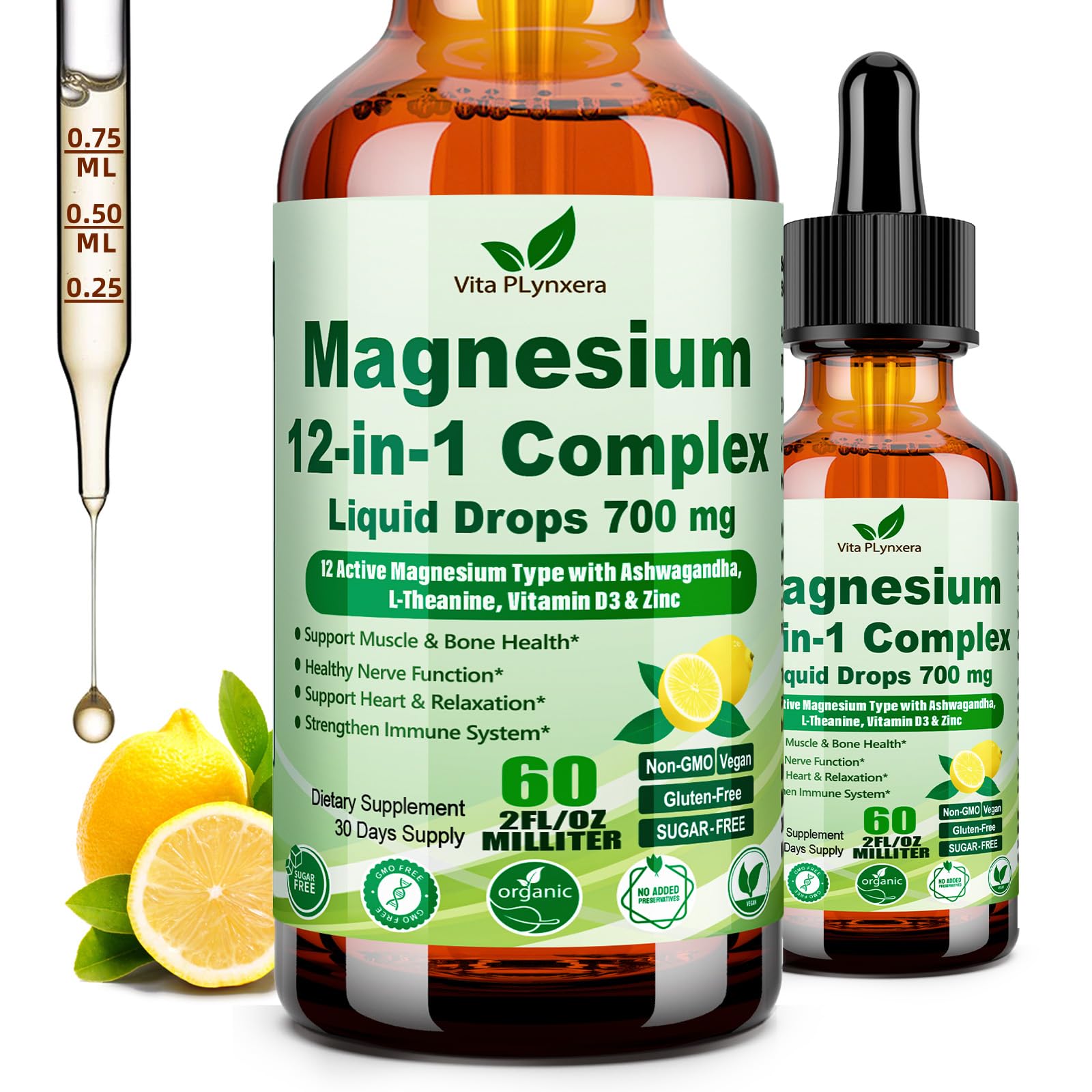 12-in-1 Magnesium Complex Liquid Drops, Chelated Magnesium Citrate Glycinate Taurate Malate Aspartate w. Ashwagandha Theanine D3 & Zinc for Relaxation Sleep Immune Health & Muscle Function丨Women Men. Vita PLynxera uk supplements
