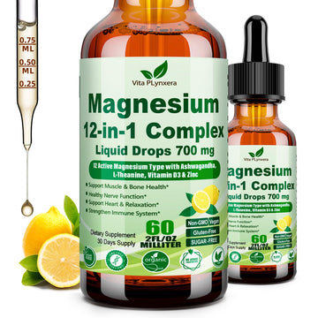 12-in-1 Magnesium Complex Liquid Drops, Chelated Magnesium Citrate Glycinate Taurate Malate Aspartate w. Ashwagandha Theanine D3 & Zinc for Relaxation Sleep Immune Health & Muscle Function丨Women Men. Vita PLynxera uk supplements