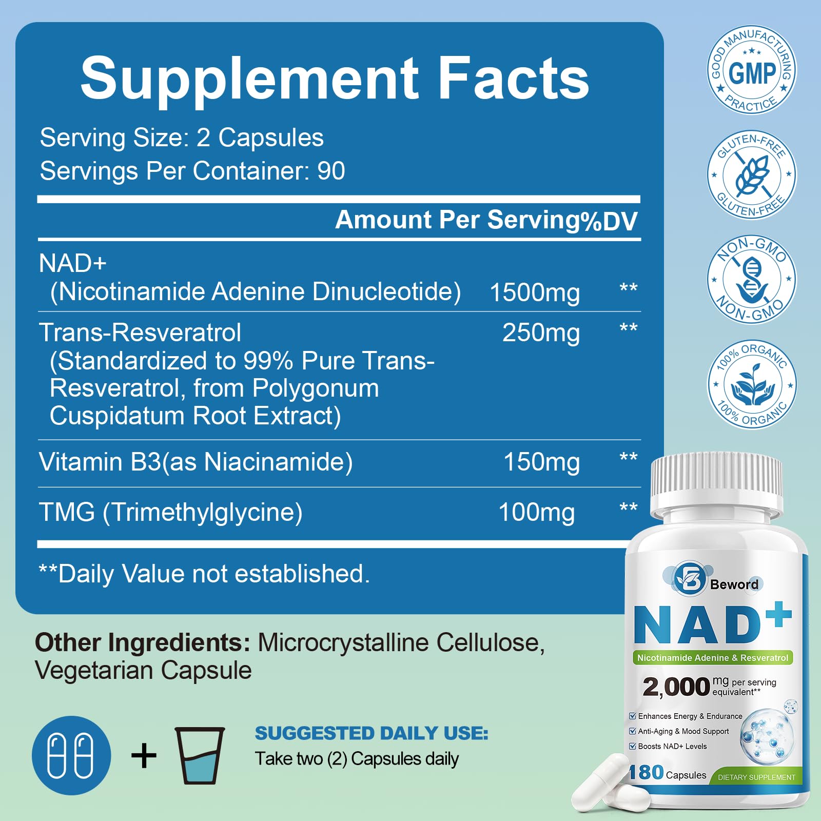 BEWORD Liposomal NAD 2000 Mg, 180 Capsules, 4-in-1 Formula with Liposomal NAD, Trans-Resveratrol, Non-GMO | Energy Support BEWORD uk supplements