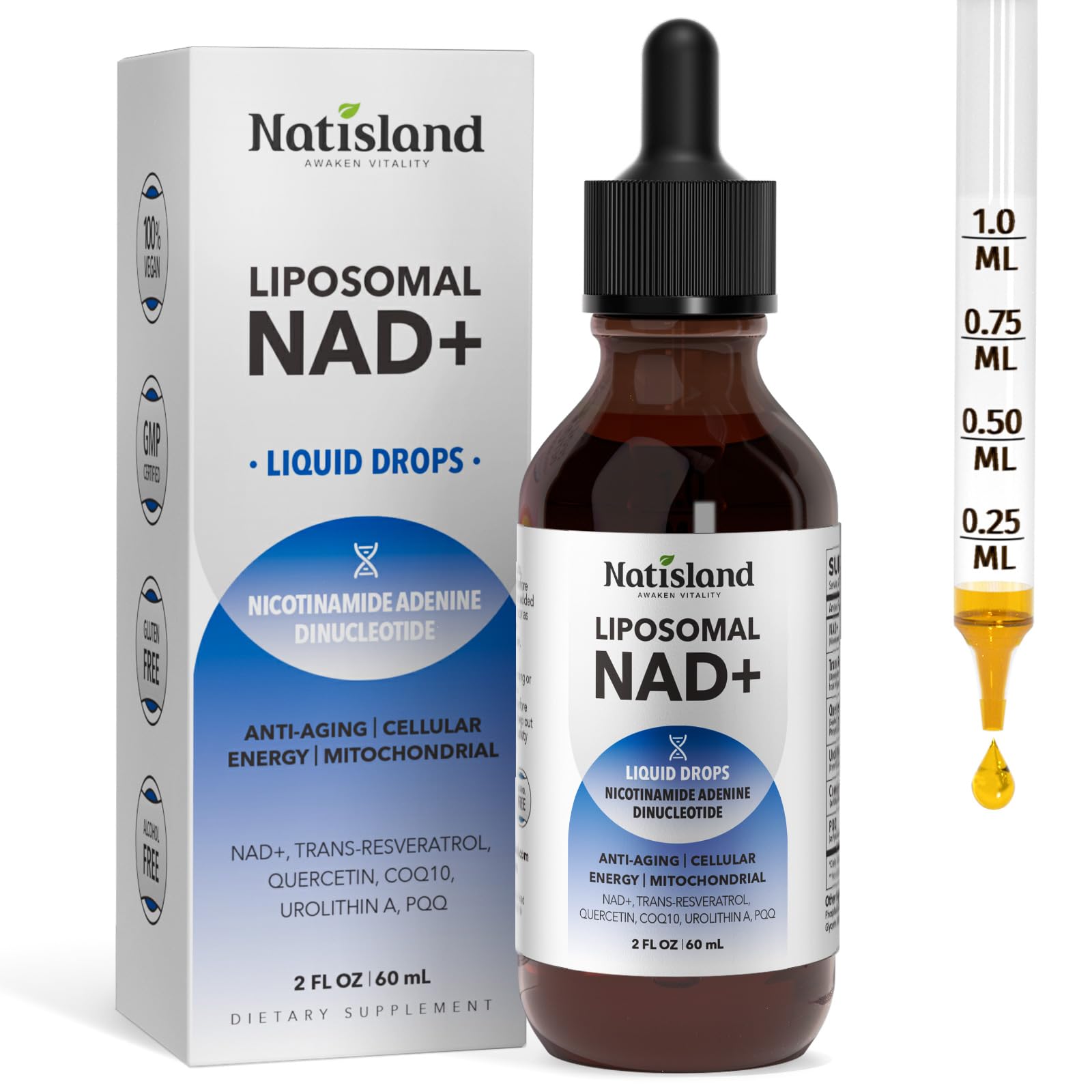 NATISLAND Liposomal NAD Supplement, 1000mg NAD+ Liquid Drops for Women & Men, with Resveratrol, Urolithin A, Quercetin, CoQ10 & PQQ, for Cellular & Metabolism Health, Energy & Anti-Aging, 2 Fl Oz NATISLAND uk supplements