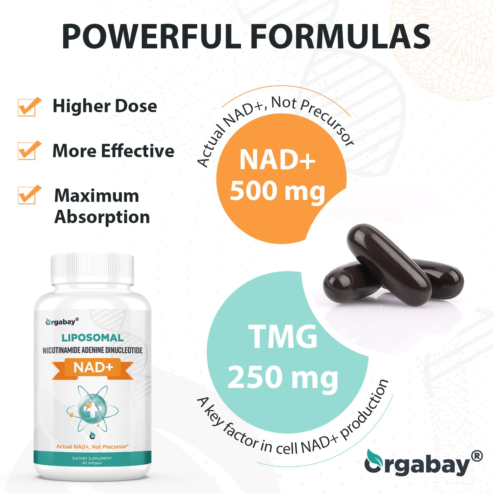 Orgabay Liposomal NAD+ Supplement 500 mg, High Absorption, Boost NAD+ with TMG 250 mg, Actual NAD Plus More Efficient Than Nicotinamide Riboside, Support Cellular Energy, Healthy Aging | 180 Softgels Orgabay uk supplements