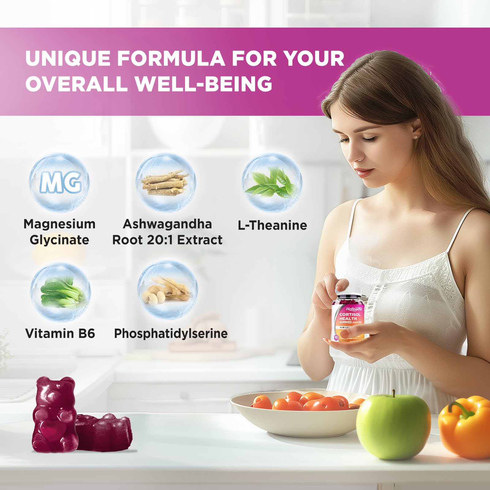 HOLLEGEND Cortisol Supplements for Women Men, Cortisol Gummies with Ashwagandha, Magnesium, L-Theanine, Phosphatidylserine, B6 for Cortisol Detox, Relaxation, Sleep, Focus, Sugar-Free, Vegan, 60 HOLLEGEND uk supplements