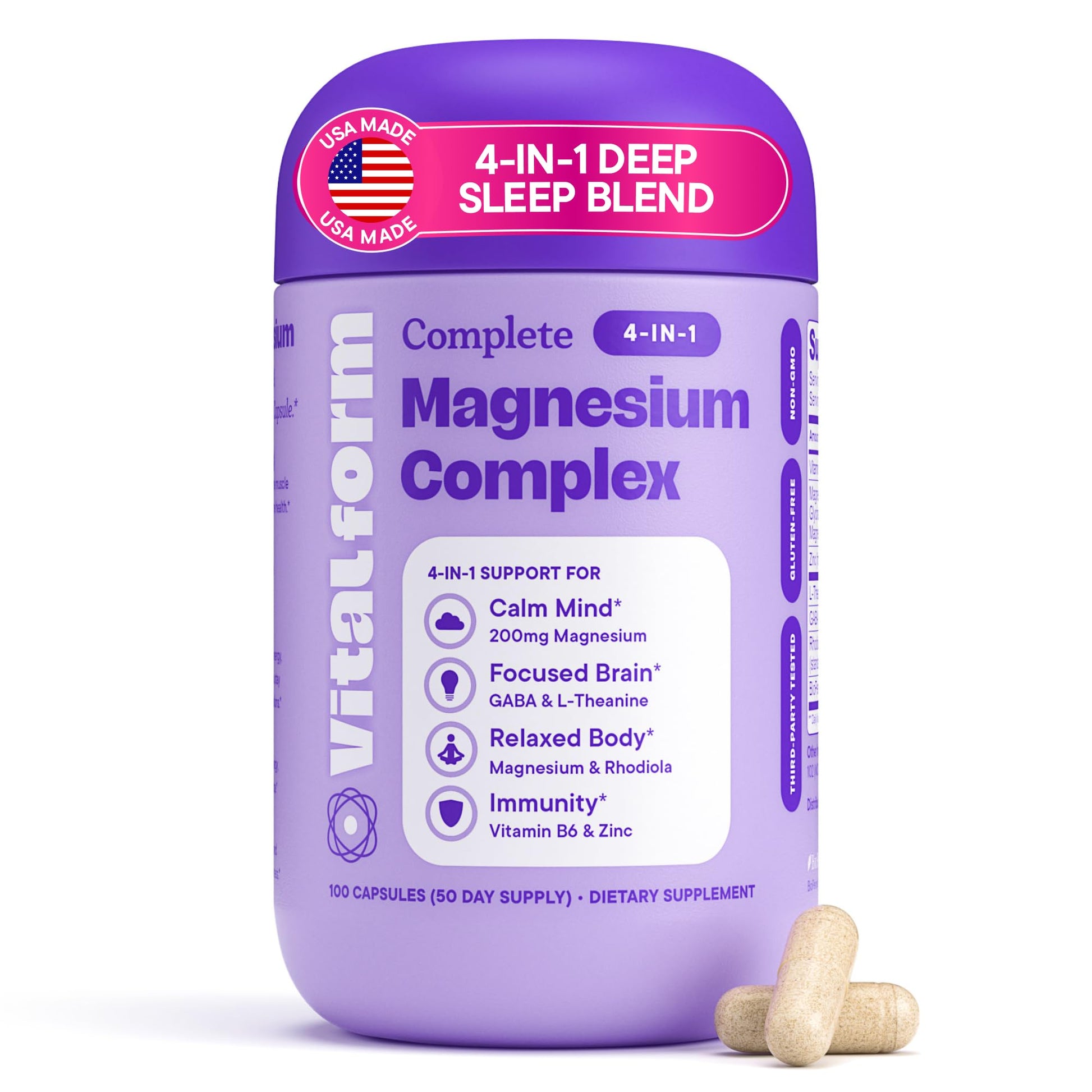 VitalForm Magnesium Glycinate Sleep Complex – Non-Habit Forming Support with L-Theanine, GABA, Zinc & Rhodiola – Promotes Relaxation, Calm & Muscle Recovery – Non-Melatonin – 100 Capsules VitalForm uk supplements