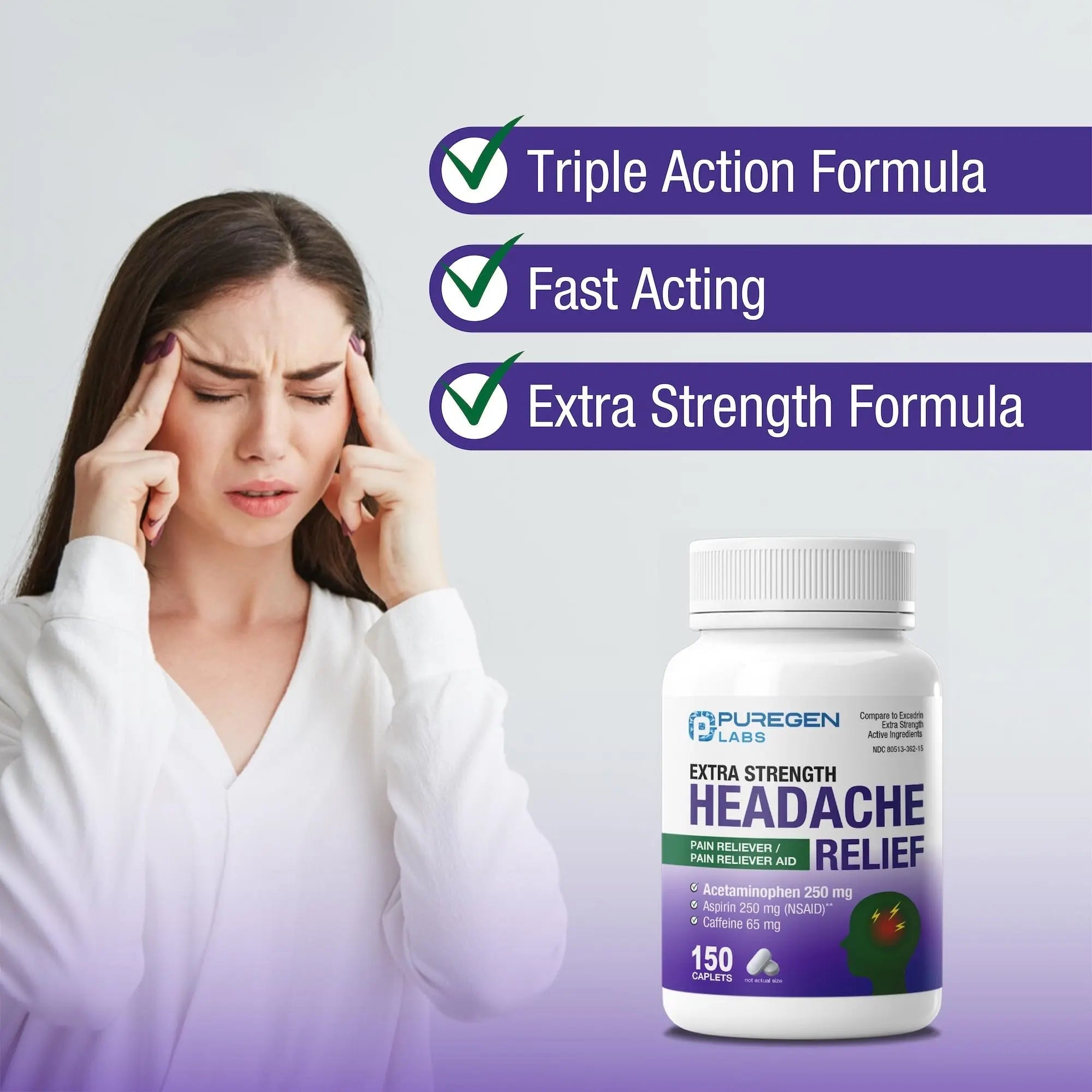 Puregen Labs Extra Strength Headache Caplets, Aspirin 250 mg (NSAID), Caffeine 65 mg, 150 Count P Puregen Labs uk supplements