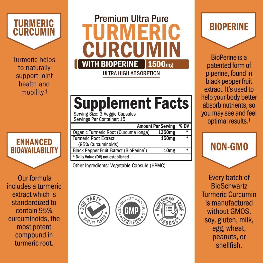 Turmeric Curcumin with Black Pepper Extract 1500mg - High Absorption BioSchwartz uk supplements