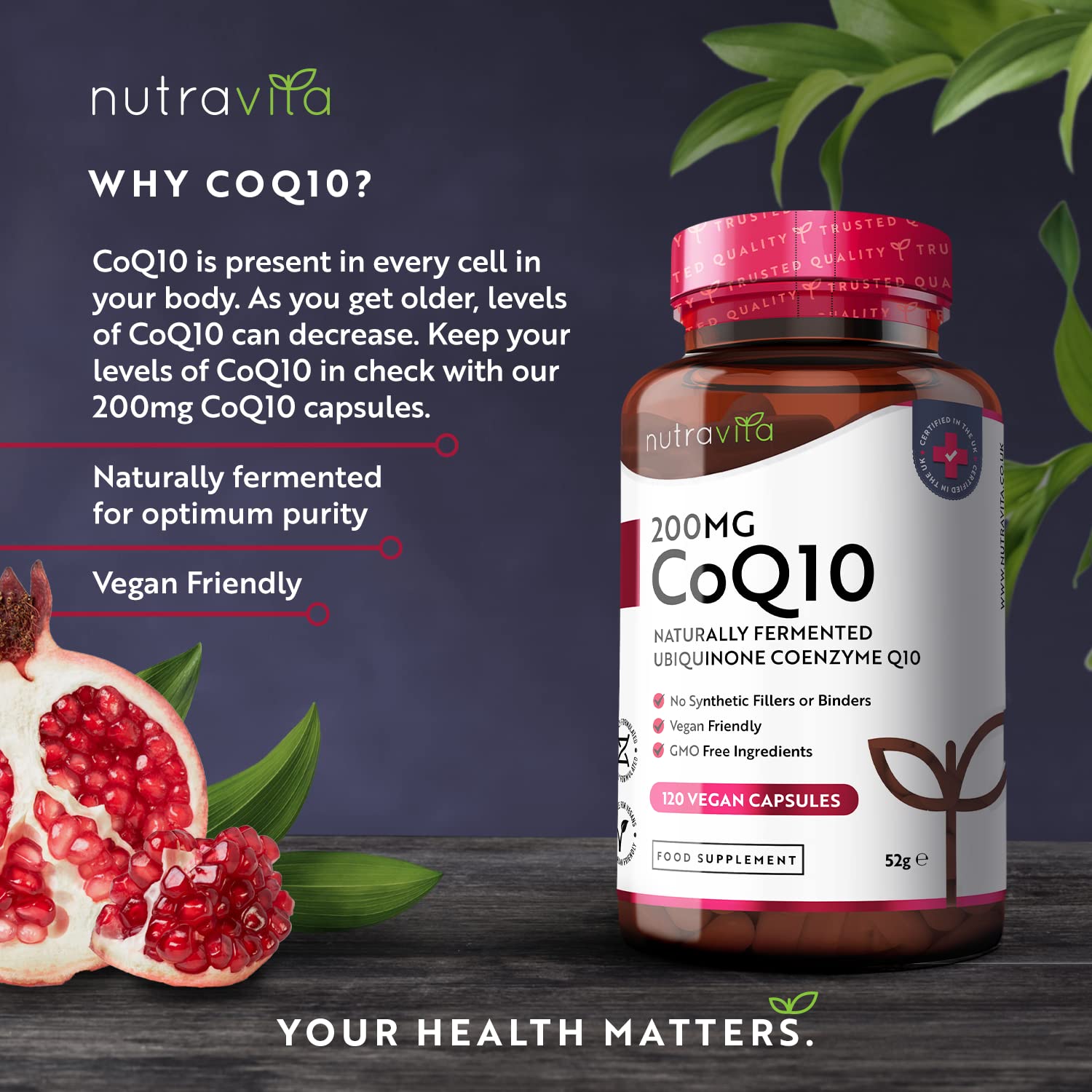 CoQ10 200mg - 120 Vegan Capsules of High Strength Co Enzyme Q10 (4 Months Supply) Nutravita uk supplements