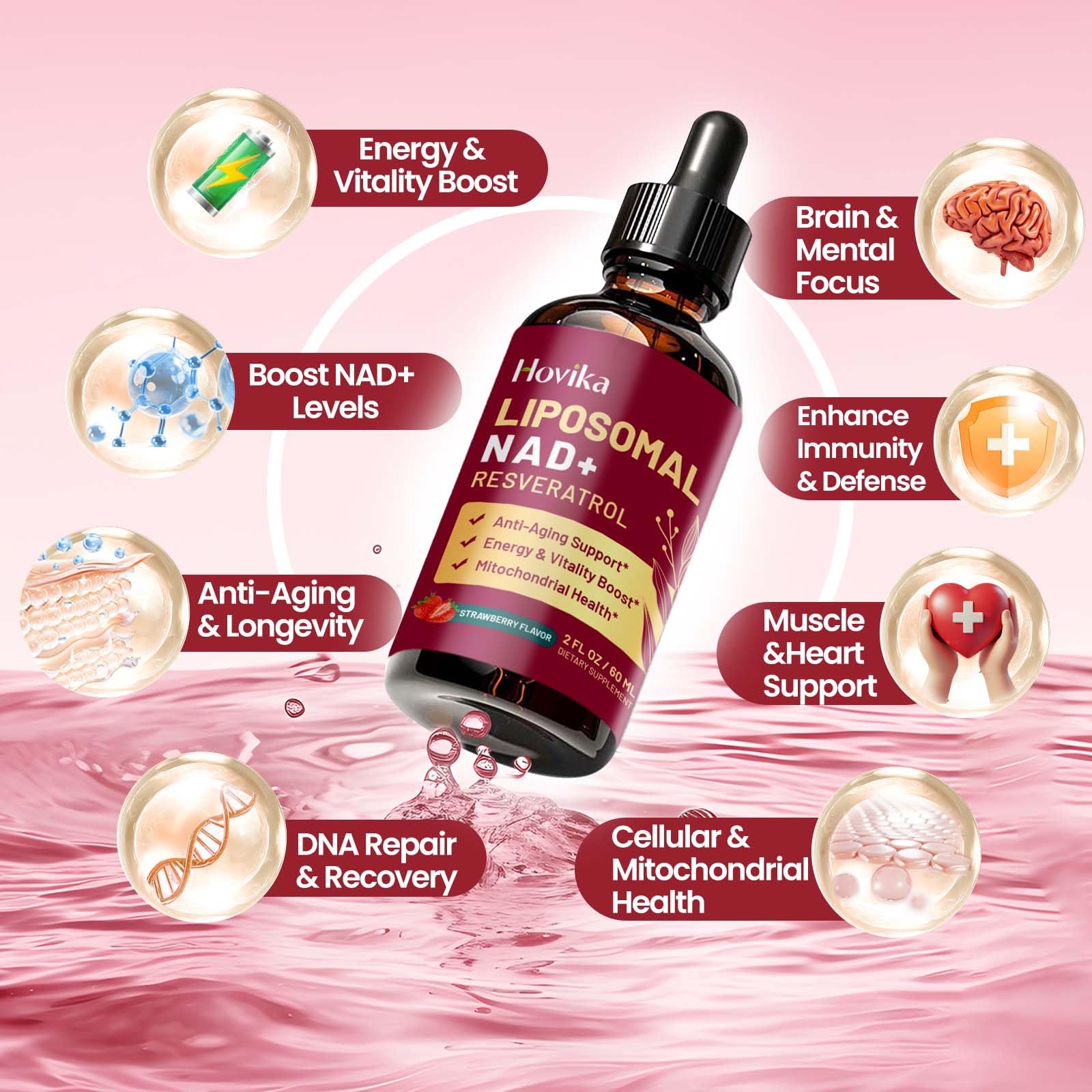 Liposomal NAD Supplement - 1200mg NAD+ Liquid Drops for Women & Men with Resveratrol, Black Pepper Extract - Support Anti-Aging, Brain & Cellular Mitochondrial Health - 2 Fl Oz, Strawberry Flavor Hovika uk supplements