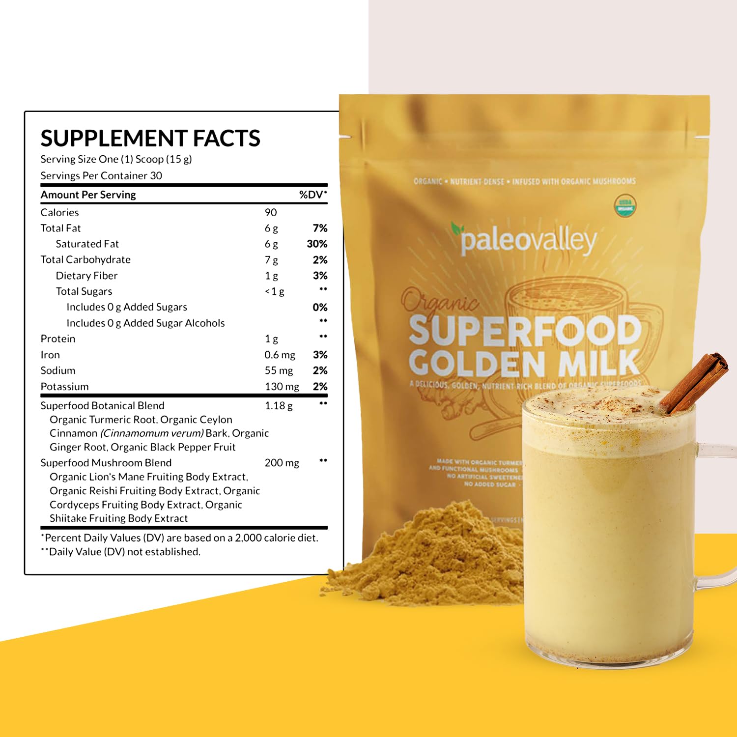 Paleovalley Organic Superfood Golden Milk - Immune, Focus, Cognitive, Longevity - Turmeric, MCT-Rich Coconut Milk, Functional Mushrooms, 30 Servings Paleovalley uk supplements
