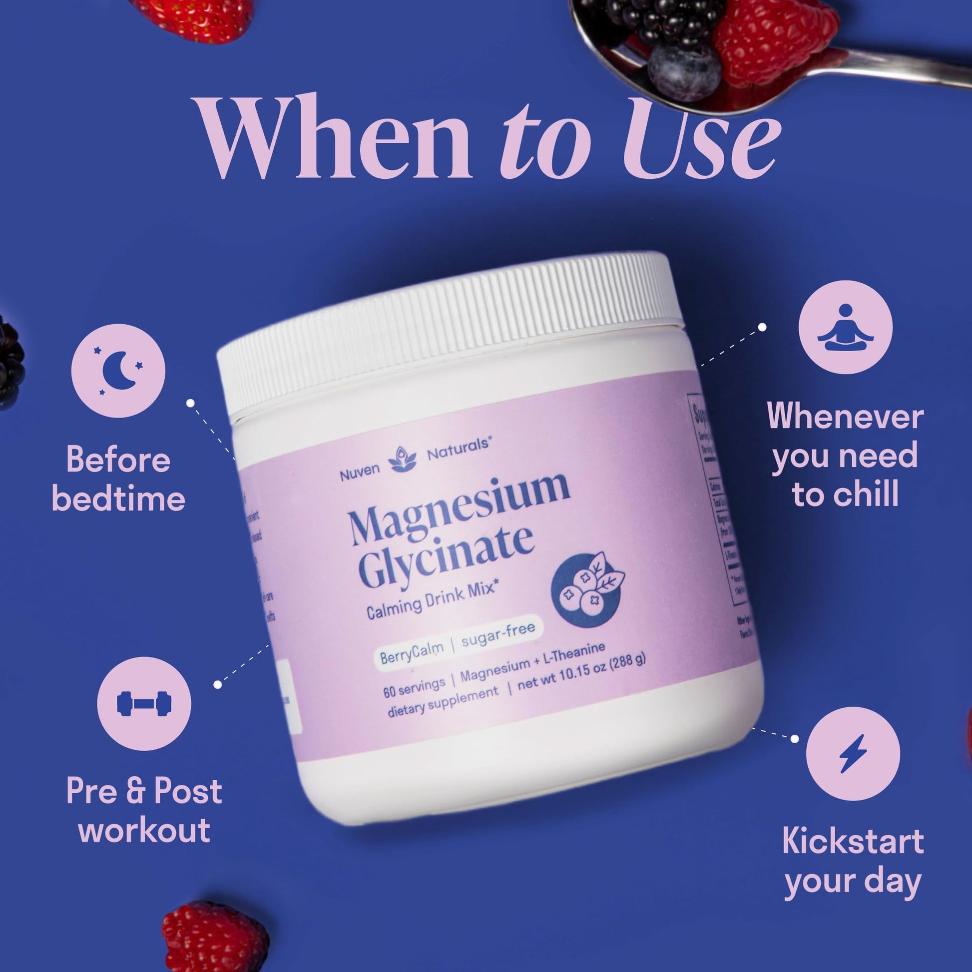 Magnesium Glycinate Powder + L-Theanine | 60 Servings | 300 mg per Scoop High Absorption Chelated Magnesium Powder for Sleep - Natural Mixed Berry Flavor, No Sugar, Support Restful Sleep & Relaxation Nuven Naturals uk supplements